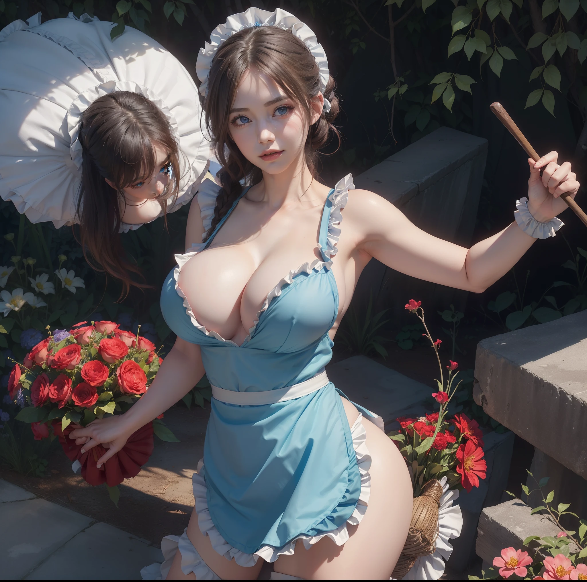 (top-quality)、 (masterpiece)、(Professional lighting with fewer shadows)、 (Bewitching)、 (A hyper-realistic)、(Stylish), (perfect anatomia)、(3People Girls、Bend over and stick your butt out towards the camera), ( Huge breasts:1.7), (Bright and even whitening skin without wrinkles and steps), (Beautiful narrowed cool blue eyes with long eyelashes and red tear bags)、 (Braided half-up hair fluttering in the wind), (The costume is naked and wearing only a ruffled apron:1.7), (To beautifully emphasize the proud super big ass、Performing a bewitching and beautiful pose with the buttocks exposed from directly behind:1.5), (detailed beautiful faces), (Shot in a garden full of flowers),