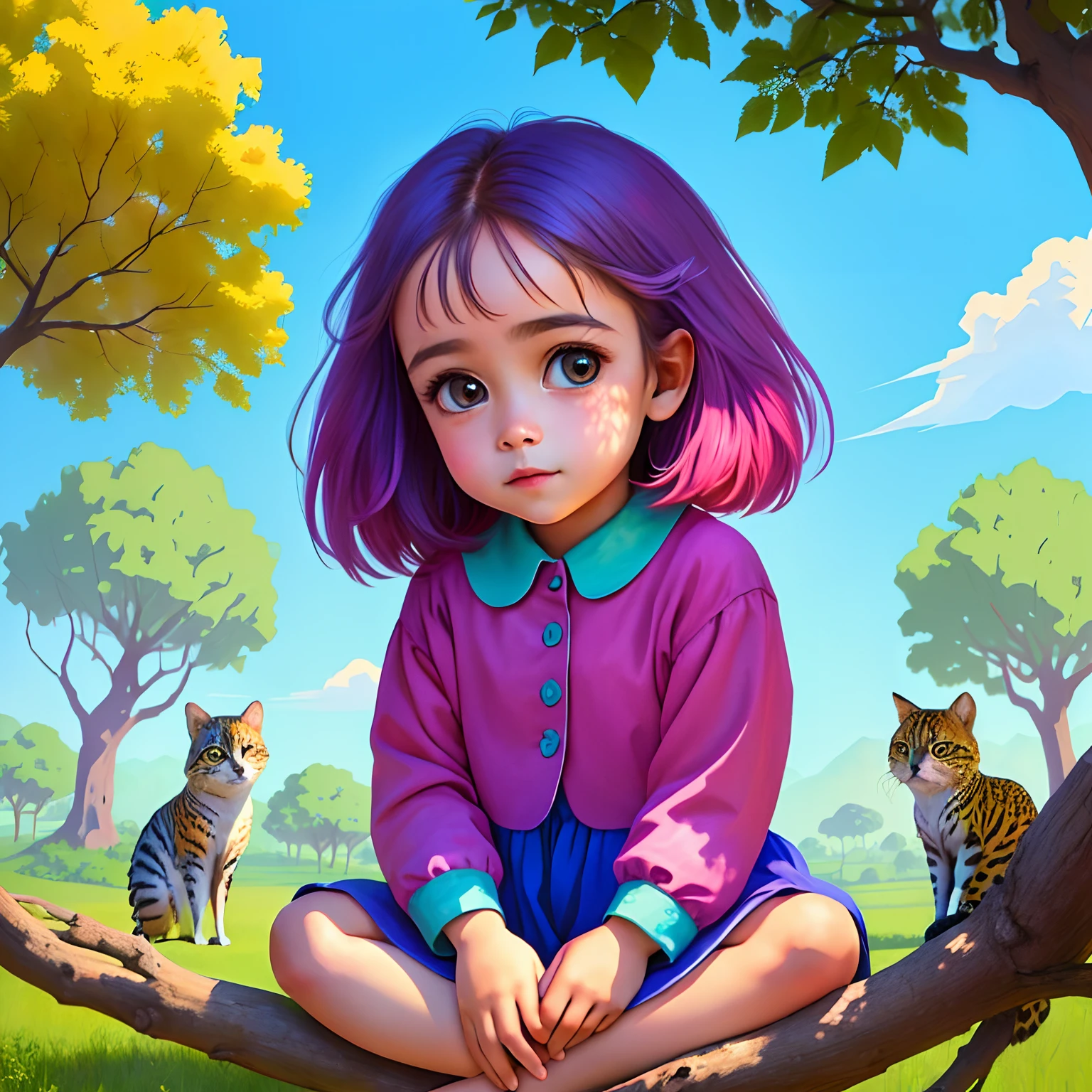 Colourful backgrounds with a cute big eyes *********** sitting under a fruitful tree and lots of animals around her, realistic