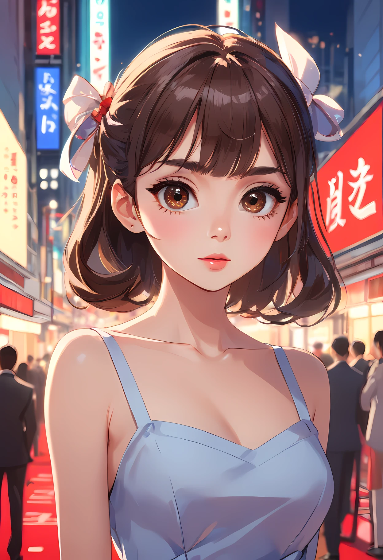(1mecha girl:1.3, solo), (Audrey Hepburn:1.3), (a extremely pretty and beautiful Japanese woman), (sexy girl), (professional attire:1.3), (22 years old: 1.1), (walking on red carpet:1.3), (attractive random posing:1.3), (in the night royal party:1.3), (looking straight at you:1.3), (starring at you:1.3), (front view:1.3), (from side:1.3), break, (ponytail:1.3), (shiny-black thin hair:1.2), bangs, dark brown eyes, beautiful eyes, princess eyes, (big eyes:1.3), bangs, wearing a glasses:1.3, Hair between eyes, short hair:1.3, (slender:1.1), (small-medium-breasts:0.95), (thin waist: 1.15), (detailed beautiful girl: 1.4), Parted lips, Red lips, full-make-up face, (shiny skin), ((Perfect Female Body)), (upper body image:1.3), Perfect Anatomy, Perfect Proportions, (most beautiful Korean actress face:1.3, extremely cute and beautiful Japanese actress face:1.3), BREAK, (View viewer, wearing a lovely bitch cordinate, (insanely detailed yellow camisole dress:1.3), (white cyborg armor:1.3), (pin-heels:1.3), detailed clothes, BREAK, (detailed royal night party background:1.2), (dark background), (Studio soft lighting: 1.3), (fake lights: 1.3), (backlight: 1.3), BREAK, (Realistic, Photorealistic: 1.37), (Masterpiece, Best Quality: 1.2), (Ultra High Resolution: 1.2), (RAW Photo: 1.2), (Sharp Focus: 1.3), (Face Focus: 1.2), (Ultra Detailed CG Unified 8k Wallpaper: 1.2), (Beautiful Skin: 1.2), (pale Skin: 1.3), (Hyper Sharp Focus: 1.5), (Ultra Sharp Focus: 1.5), (Beautiful pretty face: 1.3), (super detailed background, detail background: 1.3), Ultra Realistic Photo, Hyper Sharp Image, Hyper Detail Image,