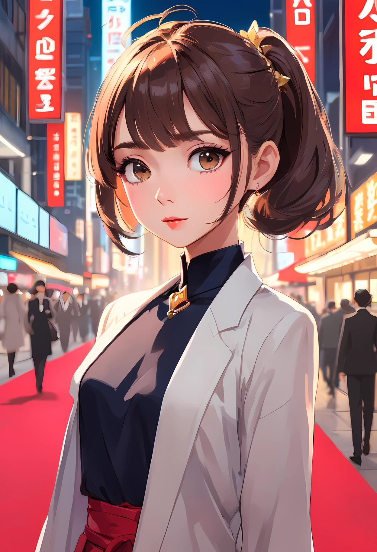 (1mecha girl:1.3, solo), (Audrey Hepburn:1.3), (a extremely pretty and beautiful Japanese woman), (sexy girl), (professional attire:1.3), (22 years old: 1.1), (walking on red carpet:1.3), (attractive random posing:1.3), (in the night royal party:1.3), (looking straight at you:1.3), (starring at you:1.3), (front view:1.3), (from side:1.3), break, (ponytail:1.3), (shiny-black thin hair:1.2), bangs, dark brown eyes, beautiful eyes, princess eyes, (big eyes:1.3), bangs, wearing a glasses:1.3, Hair between eyes, short hair:1.3, (slender:1.1), (small-medium-breasts:0.95), (thin waist: 1.15), (detailed beautiful girl: 1.4), Parted lips, Red lips, full-make-up face, (shiny skin), ((Perfect Female Body)), (upper body image:1.3), Perfect Anatomy, Perfect Proportions, (most beautiful Korean actress face:1.3, extremely cute and beautiful Japanese actress face:1.3), BREAK, (View viewer, wearing a lovely bitch cordinate, (insanely detailed yellow camisole dress:1.3), (white cyborg armor:1.3), (pin-heels:1.3), detailed clothes, BREAK, (detailed royal night party background:1.2), (dark background), (Studio soft lighting: 1.3), (fake lights: 1.3), (backlight: 1.3), BREAK, (Realistic, Photorealistic: 1.37), (Masterpiece, Best Quality: 1.2), (Ultra High Resolution: 1.2), (RAW Photo: 1.2), (Sharp Focus: 1.3), (Face Focus: 1.2), (Ultra Detailed CG Unified 8k Wallpaper: 1.2), (Beautiful Skin: 1.2), (pale Skin: 1.3), (Hyper Sharp Focus: 1.5), (Ultra Sharp Focus: 1.5), (Beautiful pretty face: 1.3), (super detailed background, detail background: 1.3), Ultra Realistic Photo, Hyper Sharp Image, Hyper Detail Image,