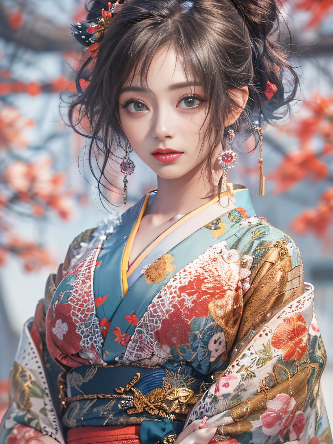 masutepiece, Best Quality, Illustration, Ultra-detailed, finely detail, hight resolution, 8K Wallpaper, Perfect dynamic composition, Beautiful detailed eyes, Kimono, Off-shoulder, cleavage, Full body