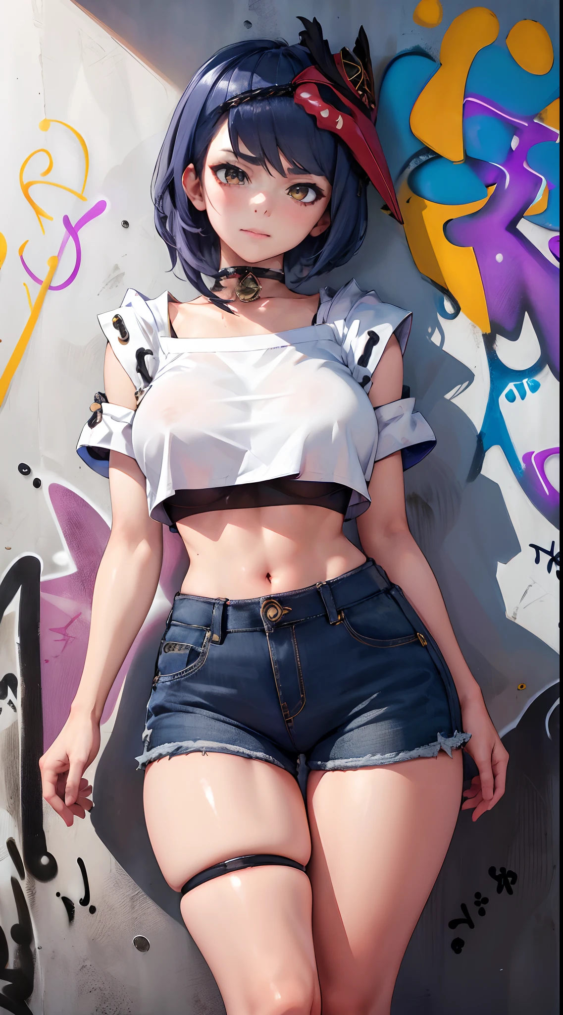 Kujou Sara Genshin Effect, masterpiece, bestquality, 1girls, oversized breasts, bara, crop top, shorts jeans, choker, (Graffiti:1.5), Splash with purple lightning pattern., arm behind back, against wall, View viewers from the front., Thigh strap, Head tilt, bored, water eyes,