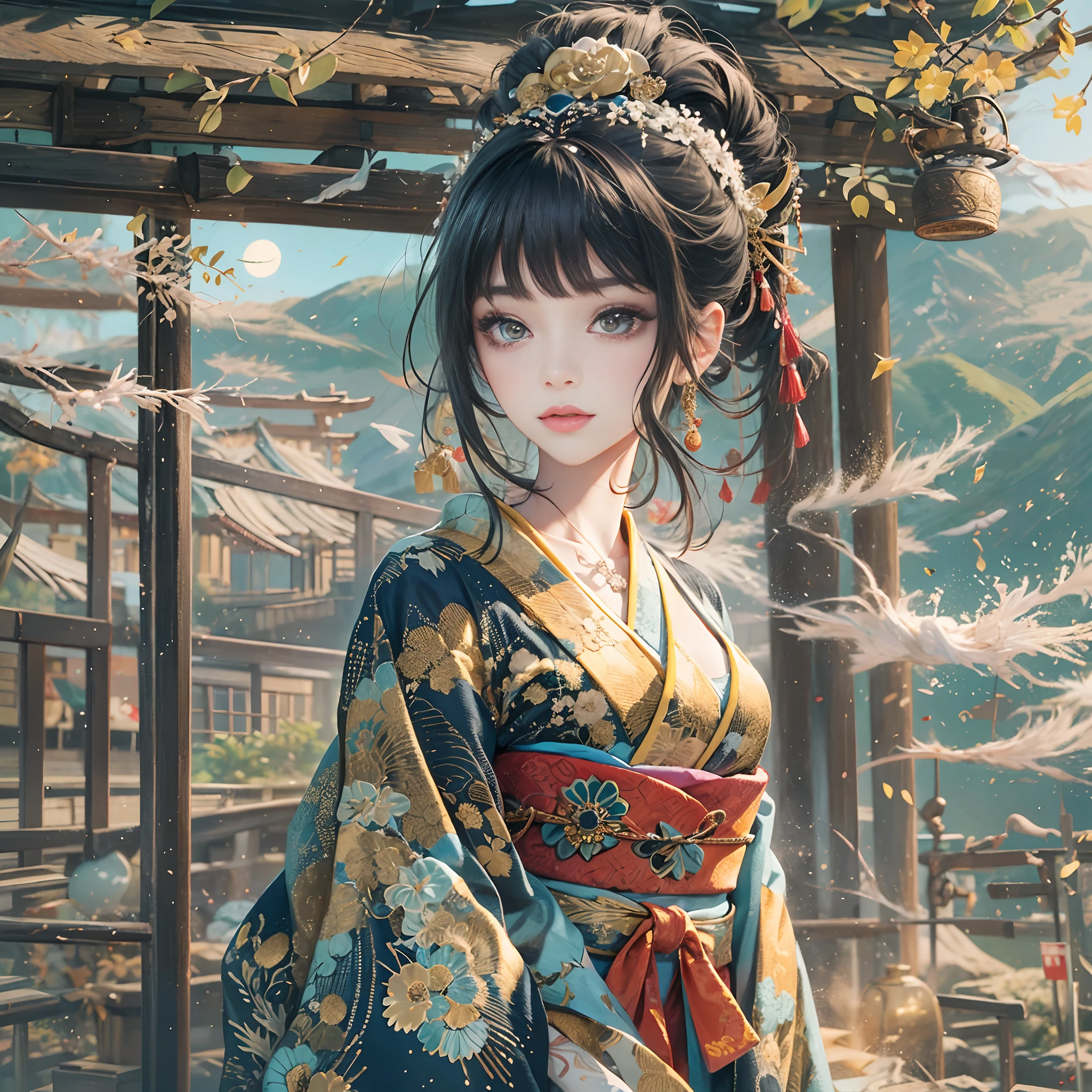 watching at viewers、Ancient capital and moon in the background、((Dense background))、poneyTail、Woman with shiny black hair、perfect hand、break {{{Luxury kimono(Colorful kimono(Detailed golden embroidery,))}}}、face perfect,Depict a beautiful and graceful woman of Japan。Heart in the eye。full body Esbian。 Wallpaper 8K, .Blur the background with a sickle,((masutepiece)), ((Best Quality))