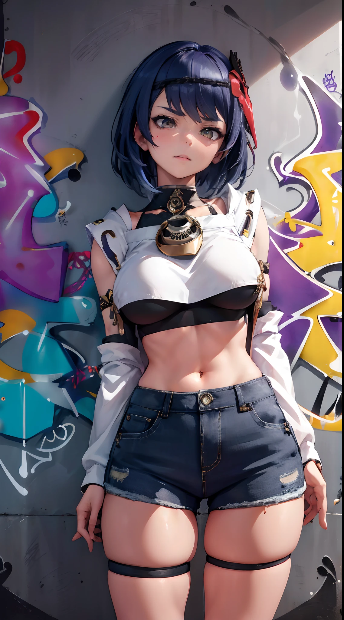 Kujou Sara Genshin Effect, masterpiece, bestquality, 1girls, oversized breasts, bara, crop top, shorts jeans, choker, (Graffiti:1.5), Splash with purple lightning pattern., arm behind back, against wall, View viewers from the front., Thigh strap, Head tilt, bored, water eyes,