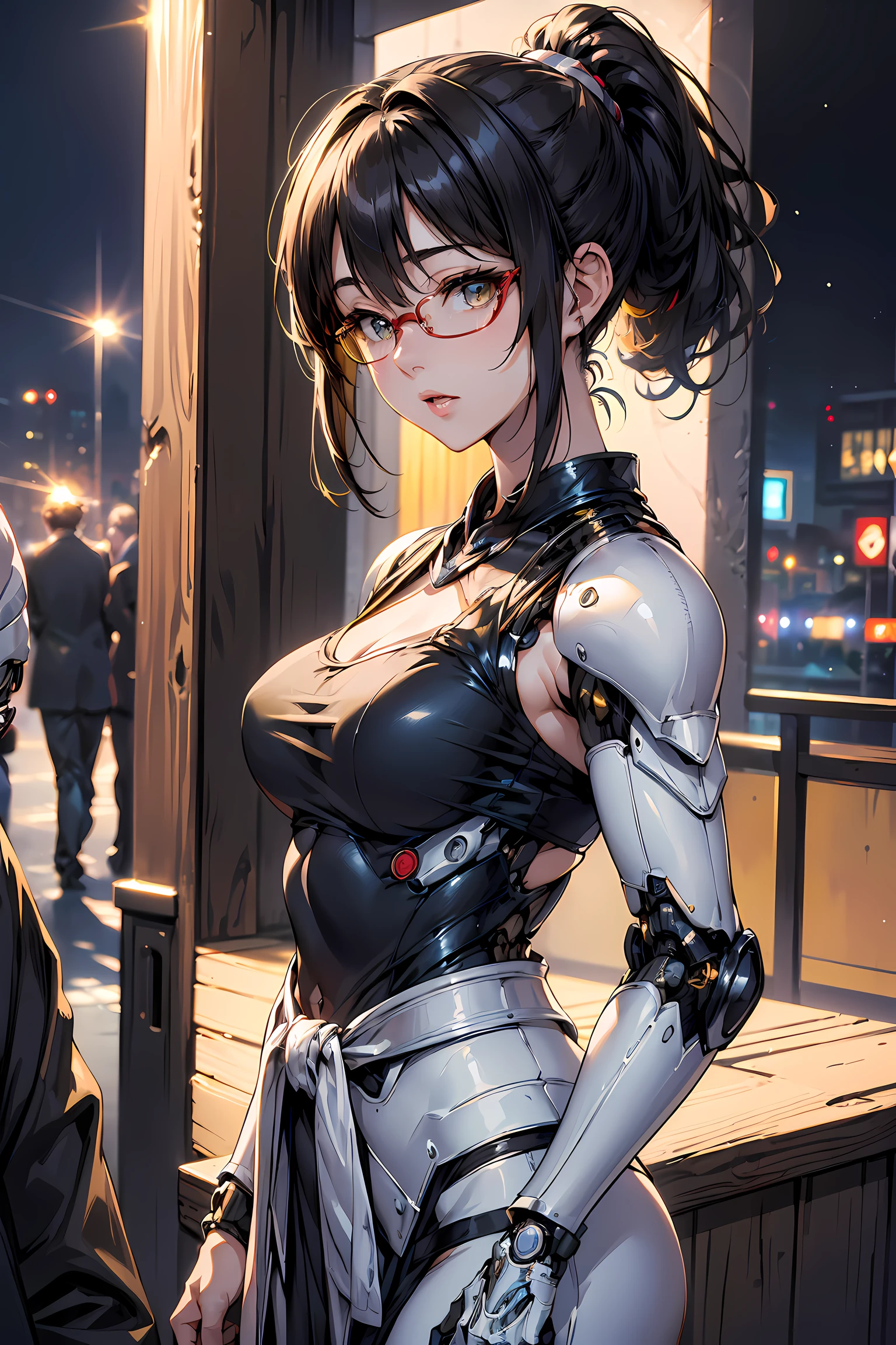(1mecha girl:1.3, solo), (Audrey Hepburn:1.3), (a extremely pretty and beautiful Japanese woman), (sexy girl), (professional attire:1.3), (22 years old: 1.1), (walking on red carpet:1.3), (attractive random posing:1.3), (in the night royal party:1.3), (looking straight at you:1.3), (starring at you:1.3), (front view:1.3), (from side:1.3), break, (ponytail:1.3), (shiny-black thin hair:1.2), bangs, dark brown eyes, beautiful eyes, princess eyes, (big eyes:1.3), bangs, wearing a glasses:1.3, Hair between eyes, short hair:1.3, (slender:1.1), (small-medium-breasts:0.95), (thin waist: 1.15), (detailed beautiful girl: 1.4), Parted lips, Red lips, full-make-up face, (shiny skin), ((Perfect Female Body)), (upper body image:1.3), Perfect Anatomy, Perfect Proportions, (most beautiful Korean actress face:1.3, extremely cute and beautiful Japanese actress face:1.3), BREAK, (View viewer, wearing a lovely bitch cordinate, (insanely detailed yellow camisole dress:1.3), (white cyborg armor:1.3), (pin-heels:1.3), detailed clothes, BREAK, (detailed royal night party background:1.2), (dark background), (Studio soft lighting: 1.3), (fake lights: 1.3), (backlight: 1.3), BREAK, (Realistic, Photorealistic: 1.37), (Masterpiece, Best Quality: 1.2), (Ultra High Resolution: 1.2), (RAW Photo: 1.2), (Sharp Focus: 1.3), (Face Focus: 1.2), (Ultra Detailed CG Unified 8k Wallpaper: 1.2), (Beautiful Skin: 1.2), (pale Skin: 1.3), (Hyper Sharp Focus: 1.5), (Ultra Sharp Focus: 1.5), (Beautiful pretty face: 1.3), (super detailed background, detail background: 1.3), Ultra Realistic Photo, Hyper Sharp Image, Hyper Detail Image,