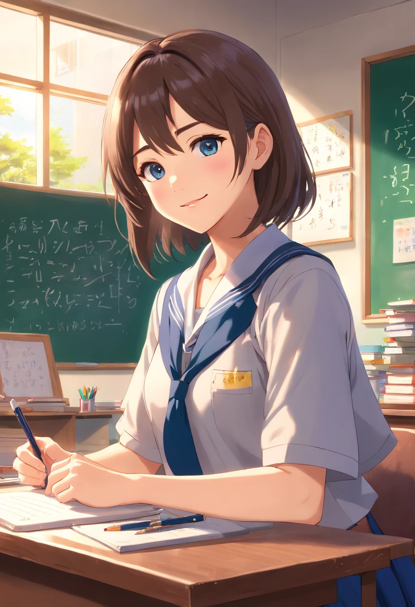 (best quality,ultra-detailed,realistic:1.37),1 girl, female, teacher, wearing teacher uniform, miniskirt, beautiful detailed eyes and lips, smile, professional,portrait,digital painting,studio lighting,vivid colors,long hair,school,educational setting,teaching,blackboard,classroom,school supplies,books,teaching materials,blackboard eraser,writing,lesson,sitting,desk,students,learning,education,instruction,enthusiastic,positive,sunny room,cheerful,happiness,inspiring,confidence,positive role model,teaching career, school life,interaction,female empowerment,empowering,self-expression.