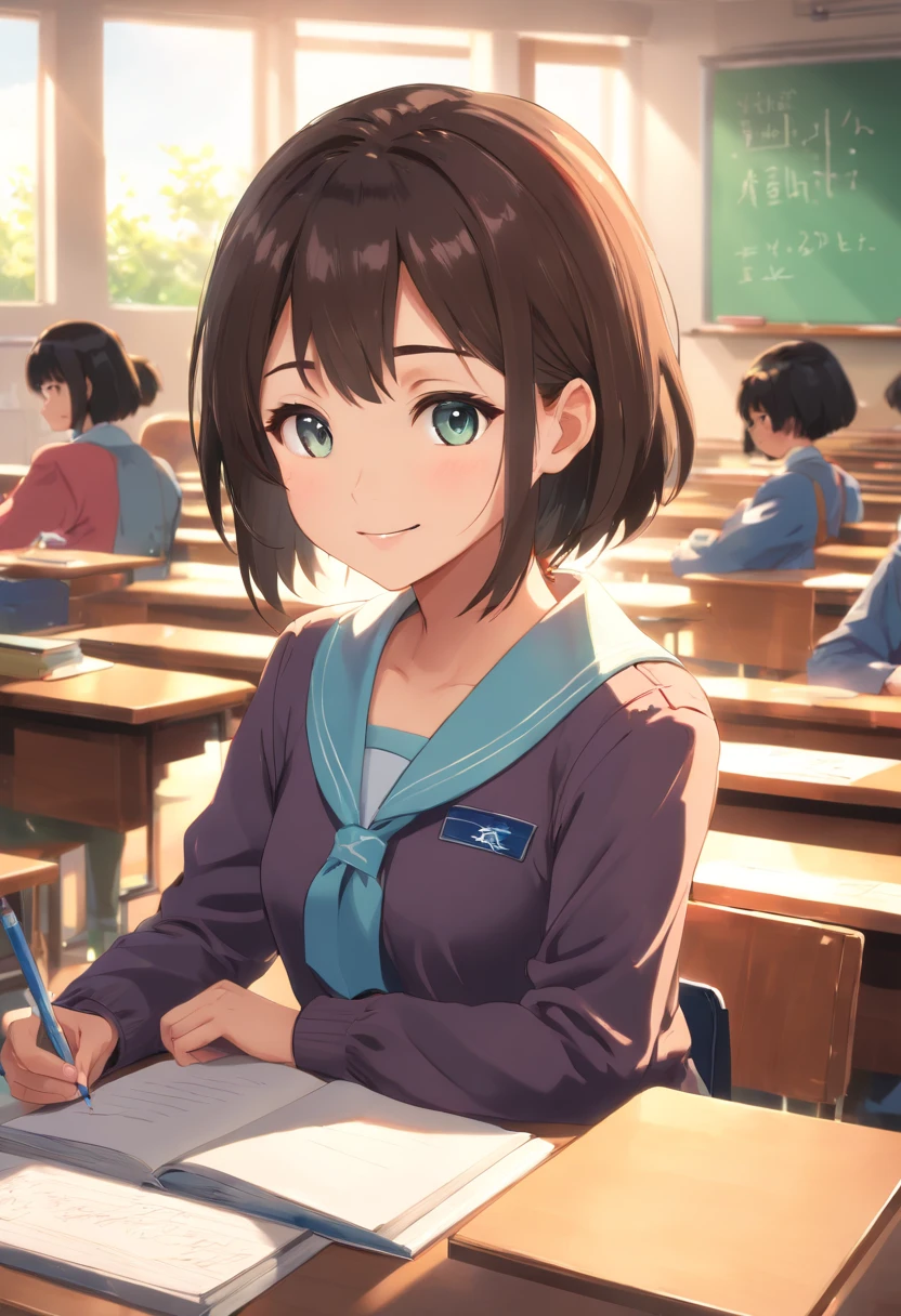 (best quality,ultra-detailed,realistic:1.37),1 girl, female, teacher, wearing teacher uniform, miniskirt, beautiful detailed eyes and lips, smile, professional,portrait,digital painting,studio lighting,vivid colors,long hair,school,educational setting,teaching,blackboard,classroom,school supplies,books,teaching materials,blackboard eraser,writing,lesson,sitting,desk,students,learning,education,instruction,enthusiastic,positive,sunny room,cheerful,happiness,inspiring,confidence,positive role model,teaching career, school life,interaction,female empowerment,empowering,self-expression.