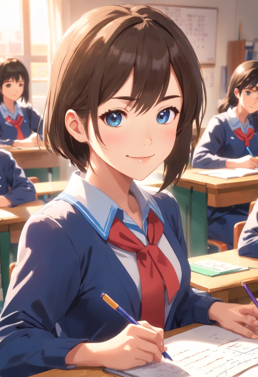 (best quality,ultra-detailed,realistic:1.37),1 girl, female, teacher, wearing teacher uniform, miniskirt, beautiful detailed eyes and lips, smile, professional,portrait,digital painting,studio lighting,vivid colors,long hair,school,educational setting,teaching,blackboard,classroom,school supplies,books,teaching materials,blackboard eraser,writing,lesson,sitting,desk,students,learning,education,instruction,enthusiastic,positive,sunny room,cheerful,happiness,inspiring,confidence,positive role model,teaching career, school life,interaction,female empowerment,empowering,self-expression.