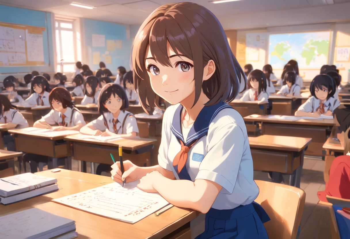 (best quality,ultra-detailed,realistic:1.37),1 girl, female, teacher, wearing teacher uniform, miniskirt, beautiful detailed eyes and lips, smile, professional,portrait,digital painting,studio lighting,vivid colors,long hair,school,educational setting,teaching,blackboard,classroom,school supplies,books,teaching materials,blackboard eraser,writing,lesson,sitting,desk,students,learning,education,instruction,enthusiastic,positive,sunny room,cheerful,happiness,inspiring,confidence,positive role model,teaching career, school life,interaction,female empowerment,empowering,self-expression.
