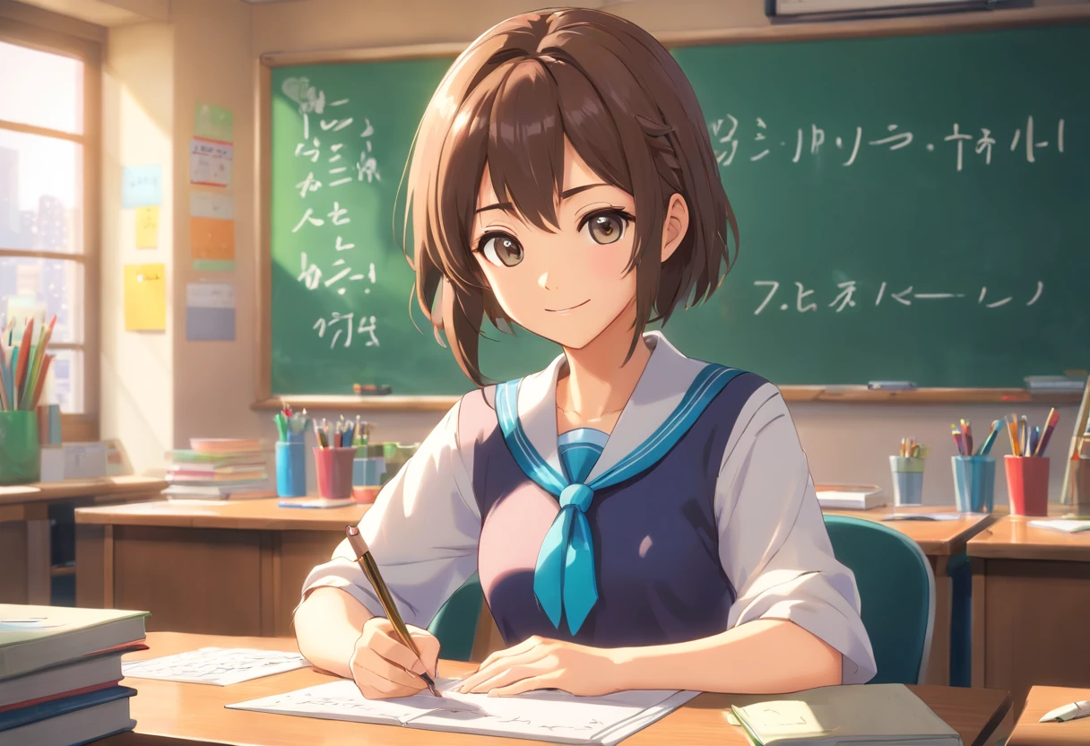 (best quality,ultra-detailed,realistic:1.37),1 girl, female, teacher, wearing teacher uniform, miniskirt, beautiful detailed eyes and lips, smile, professional,portrait,digital painting,studio lighting,vivid colors,long hair,school,educational setting,teaching,blackboard,classroom,school supplies,books,teaching materials,blackboard eraser,writing,lesson,sitting,desk,students,learning,education,instruction,enthusiastic,positive,sunny room,cheerful,happiness,inspiring,confidence,positive role model,teaching career, school life,interaction,female empowerment,empowering,self-expression.