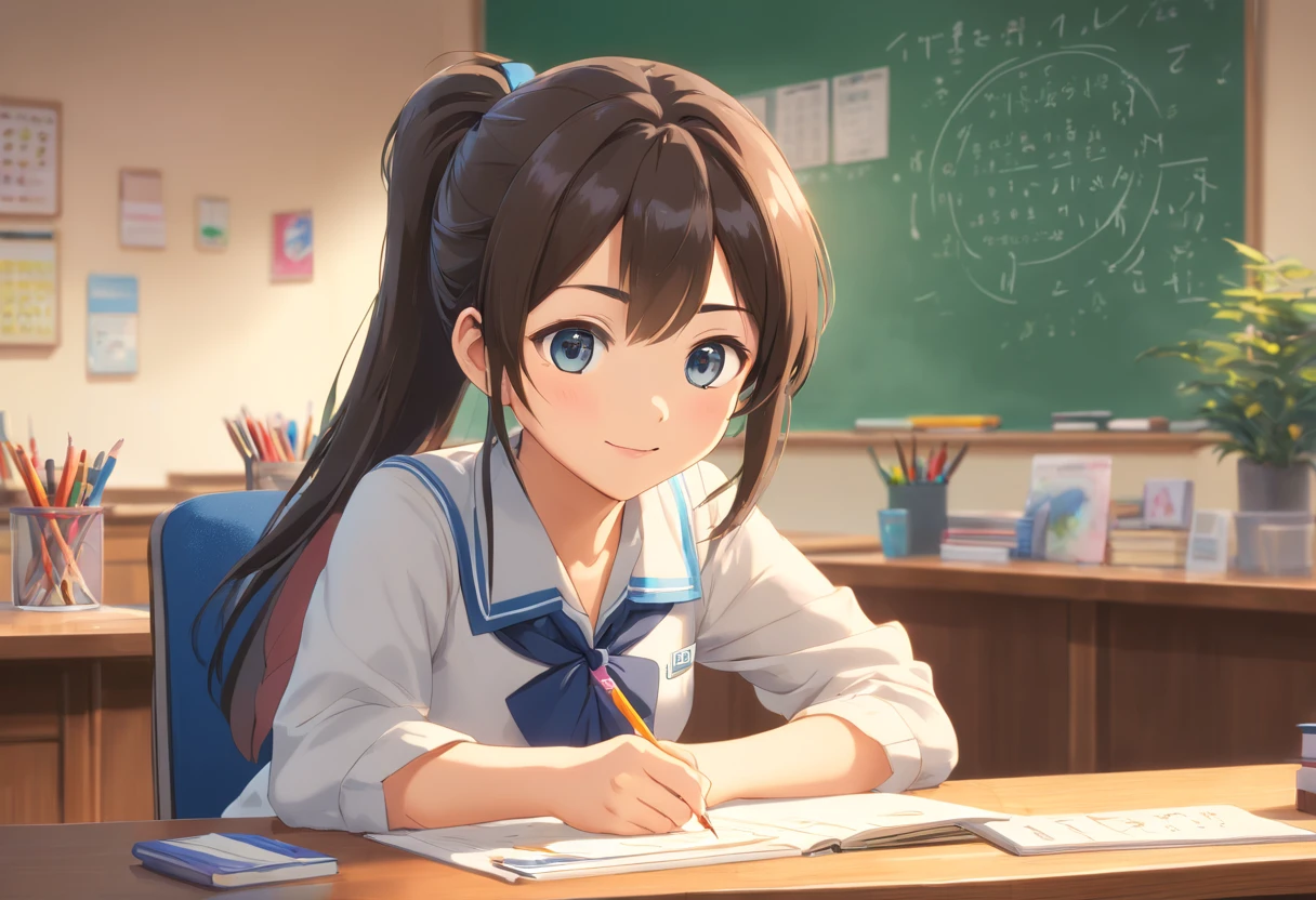 (best quality,ultra-detailed,realistic:1.37),1 girl, female, teacher, wearing teacher uniform, miniskirt, beautiful detailed eyes and lips, smile, professional,portrait,digital painting,studio lighting,vivid colors,long hair,school,educational setting,teaching,blackboard,classroom,school supplies,books,teaching materials,blackboard eraser,writing,lesson,sitting,desk,students,learning,education,instruction,enthusiastic,positive,sunny room,cheerful,happiness,inspiring,confidence,positive role model,teaching career, school life,interaction,female empowerment,empowering,self-expression.