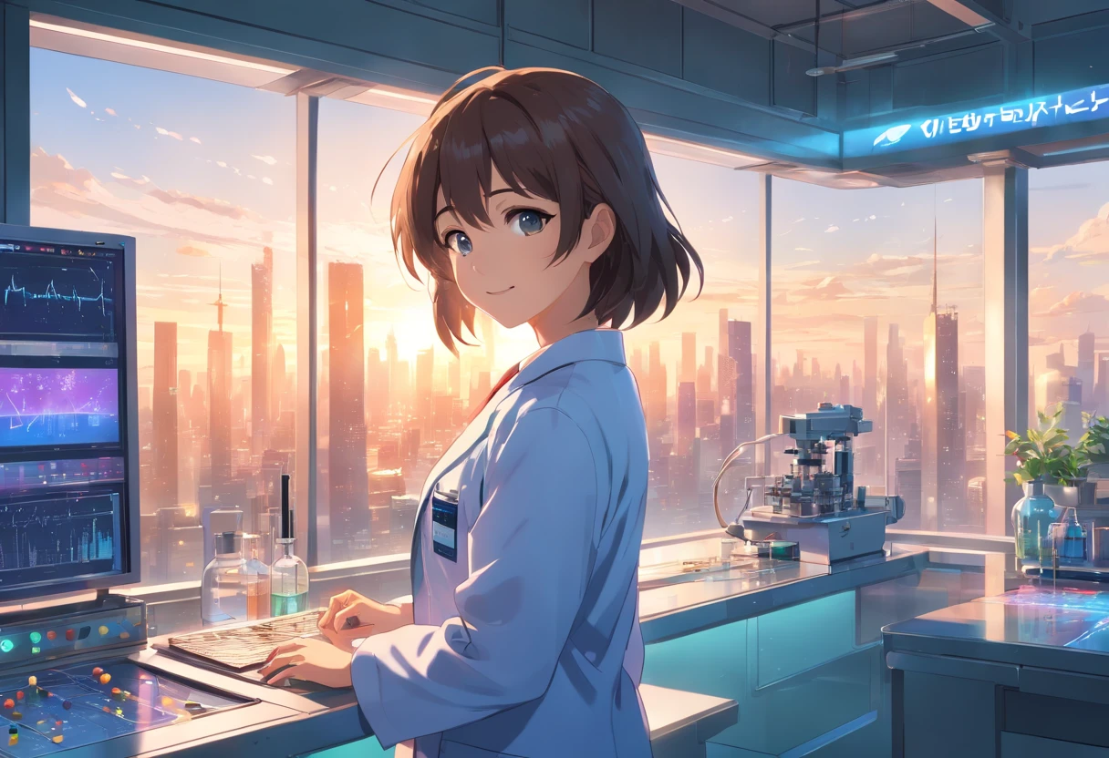 1 girl, female, scientist, physics, wearing laboratory coat, miniskirt, beautiful detailed eyes and lips, smile, holding a test tube, standing in a high-tech laboratory, surrounded by futuristic equipment and holographic displays, with a breathtaking view of the city skyline outside the lab windows. The artwork should be a highly detailed, realistic digital painting with an emphasis on vivid colors, sharp focus, and professional lighting.