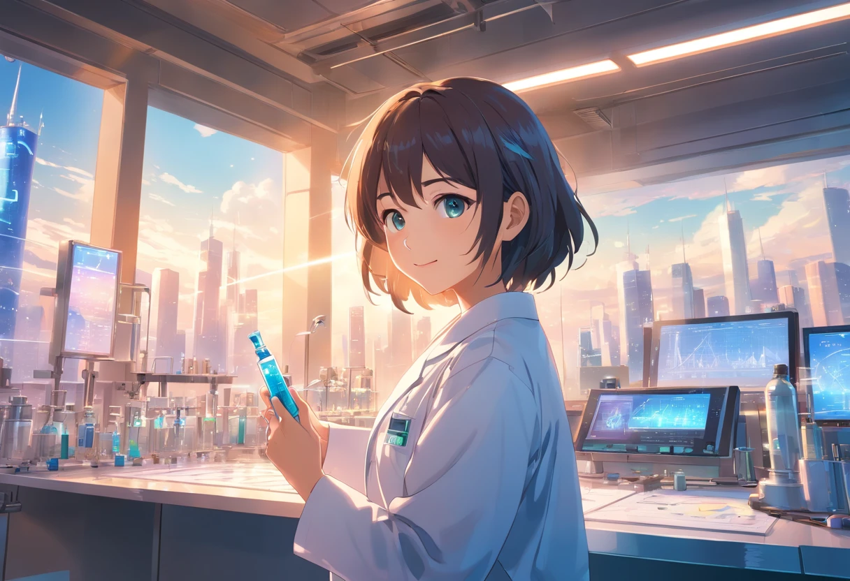1 girl, female, scientist, physics, wearing laboratory coat, miniskirt, beautiful detailed eyes and lips, smile, holding a test tube, standing in a high-tech laboratory, surrounded by futuristic equipment and holographic displays, with a breathtaking view of the city skyline outside the lab windows. The artwork should be a highly detailed, realistic digital painting with an emphasis on vivid colors, sharp focus, and professional lighting.