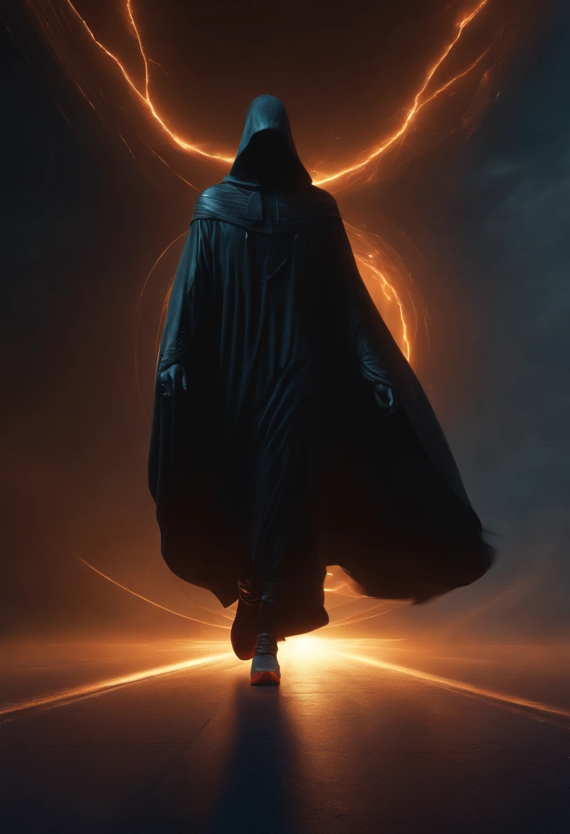 levitating dark cloaked figure with Nike swoosh on cloak opening the void to infinity by Craig Mullins, 3D octane rendeing, high detail, 8k resolution, volumetric lighting, Nike, Nike swoosh, Nike logo, Nike air max --ar 4:5