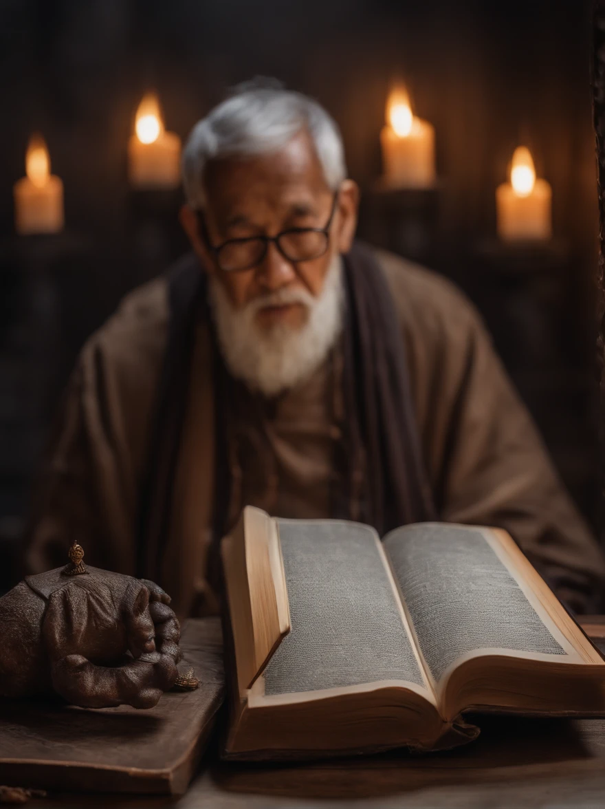 (Biblical times) On the left is an old man,Asian people,Holding a glowing book in his hand, To the right of the image is a terrifying demon (Biblical times) depth of fields, Bokeh, hentail realism, Fotorrealista, ultra-realistic realism, professional photoshooting, 8K UHD , Digital SLR, hdr , Primary tablet, best qualityer, Granular film, photorealistic paintings, Fujifilm XT3