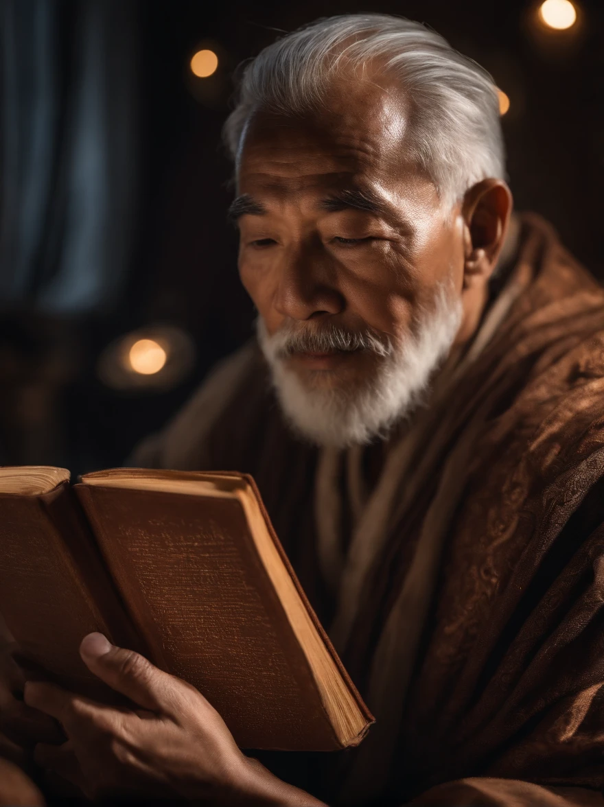 (Biblical times) On the left is an old man，Asian people，Holding a glowing book in his hand, To the right of the image is a terrifying demon (Biblical times) depth of fields, Bokeh, hentail realism, Fotorrealista, ultra-realistic realism, professional photoshooting, 8K  UHD , Digital SLR, hdr , Primary tablet, best qualityer, Granular film, photorealistic paintings, Fujifilm XT3