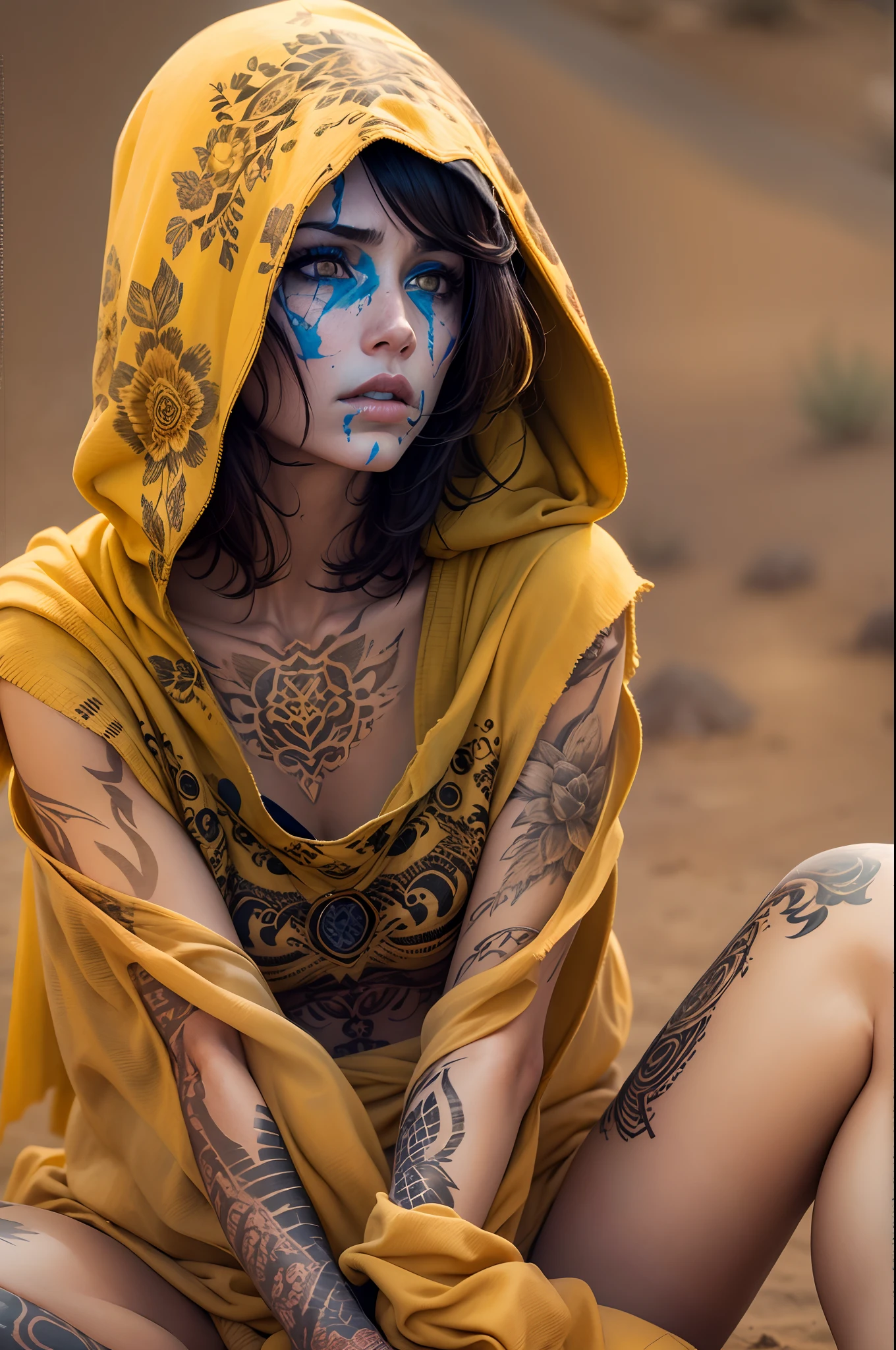 in a desert,A defeated woman,Short brown hair,Blue pupils,Earthy yellow hood,spread their legs,The whole body is covered with tattoos