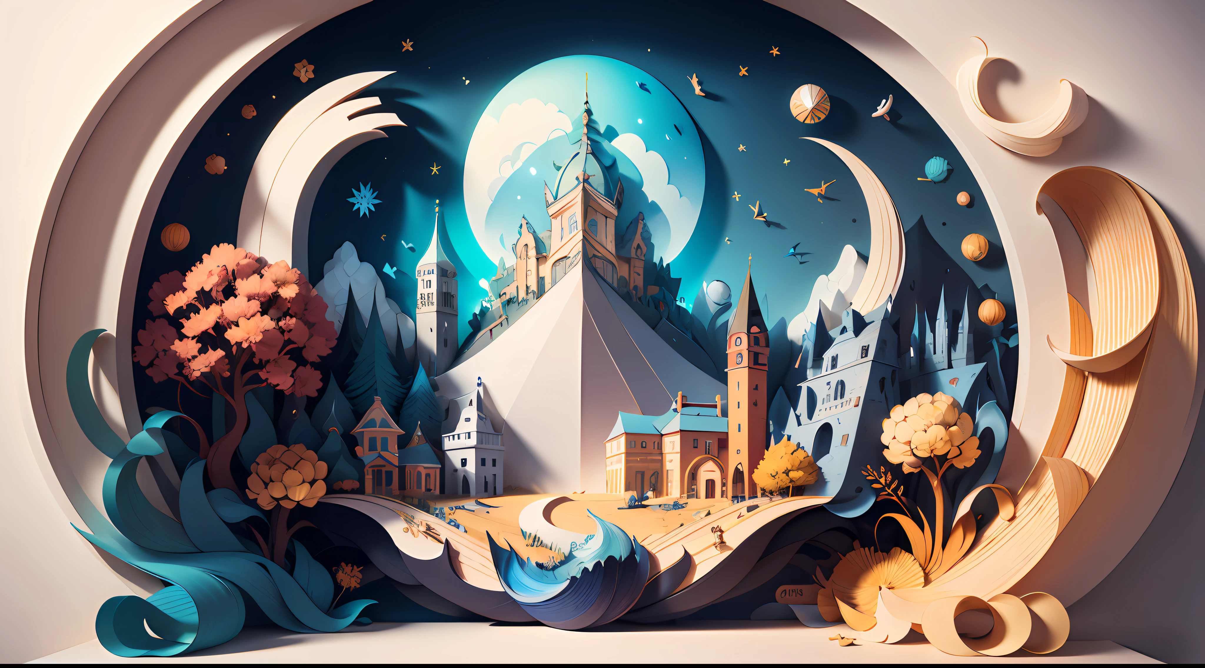 ((masterpiece)))), bestquality, illustration, beautifuldetailedglow, paper_cut, wallpaper, blue