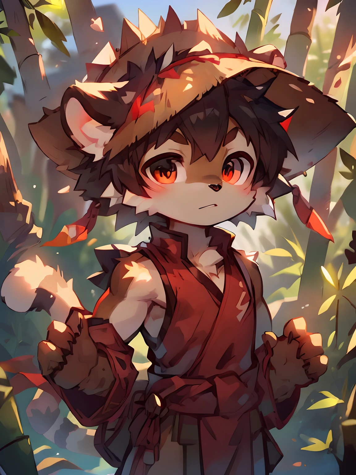 High saturation, Masterpiece, Best quality, Extremely detailed, Depth of field, komono, Male, anthro, Solo, (brown:1.2) furry wolf, Muscular, Red cloth around the waist, Half-length portrait, Bamboo forest, (Bamboo) Rain cap, (spiky:1.3) Hat, (Conical:1.2) Hat, Ancient Asian sleeveless clothing, (Loose:1.2) clothes, Black and red sleeveless clothing, Daylight, posing on a，(author：Puinki,By Artists:1.2),(author：Unreal Land,author：Sumi Kuroi,author：Milk Tiger 1145,author：Morkey,author：Emolga 1