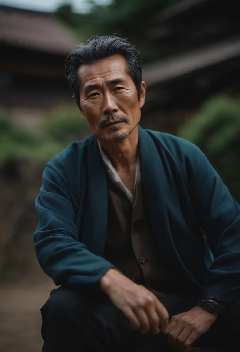 an Japanese man, 50 years old, a village background, looking straight, medium shot