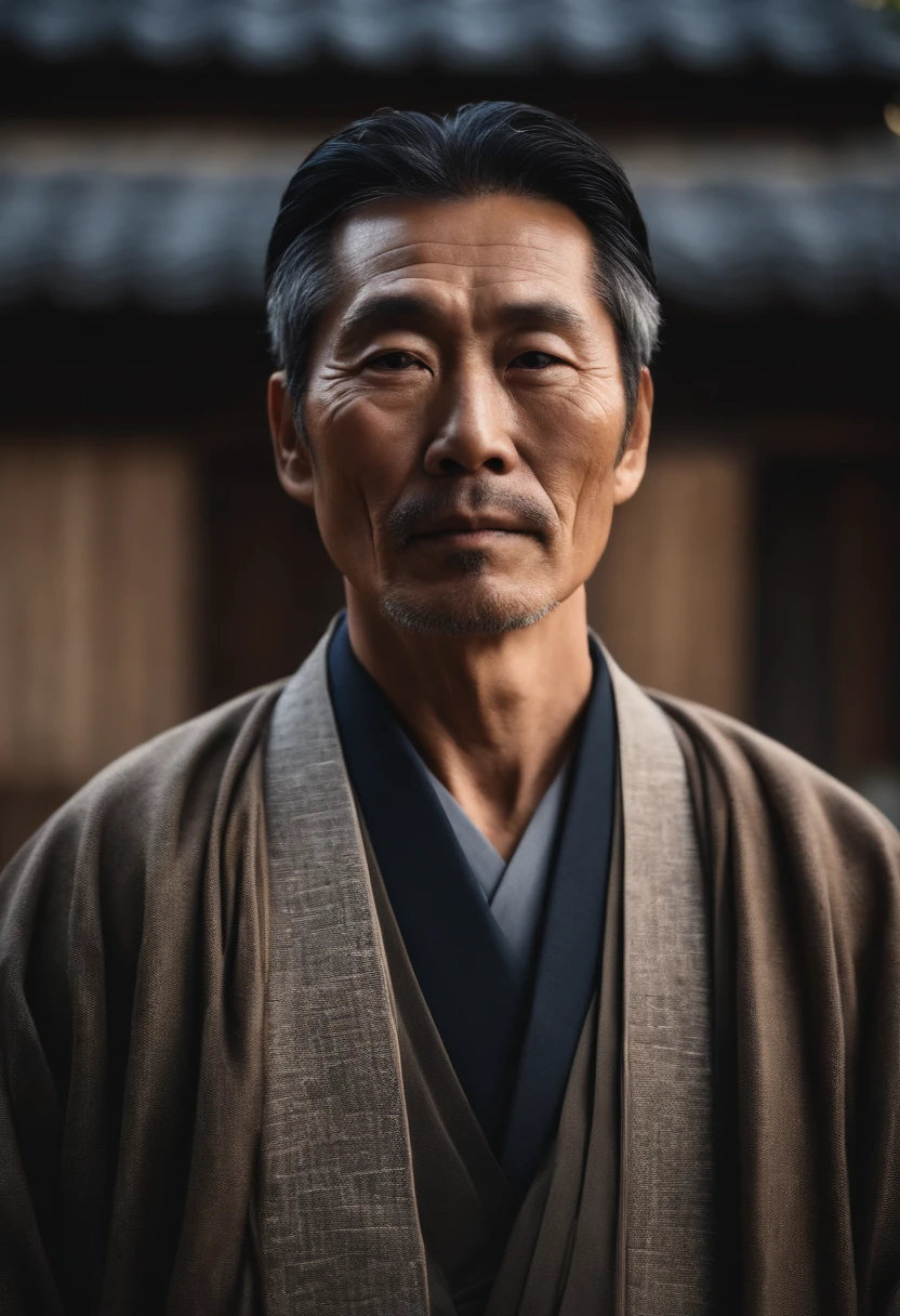 an Japanese man, 50 years old, a village background, looking straight, medium shot