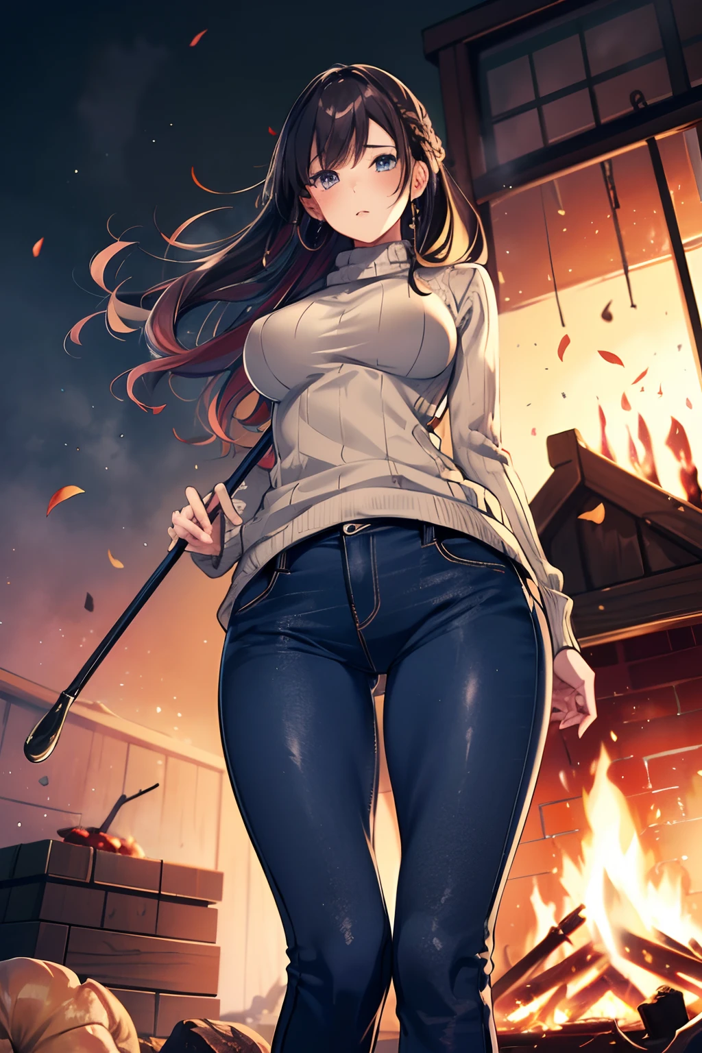 1 girl, (solo), ((sfw:1.25)), (matured woman), milf, ((fine beautiful eyes, detailed eyes, fine detailed face)), (dark mahogany medium hair, updo, wavy hair), (wearing high neck sweater, fisherman's sweater, navy blue skinny denim), roasting sweet potatoes over a bonfire, holding skewered sweet potatoes, squatsing near bonfire:1.2, putting stick into bonfire, outdoor, in a house garden, (ultra high resolution, 8K RAW photo, super realistics, high detailed, masterpiece, clear focus), ((correct anatomy:1.2)), dynamic angle, from below,