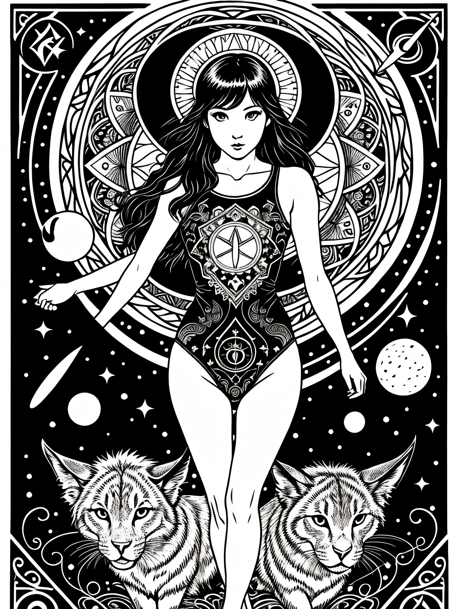 girl, , chased by demon, tarot card, masterpiece, best quality, 4k, tarot card art, line art, clean line art, space-themed coloring mandala, colorful, simple and clean line art, adorned in Art Nouveau style, Genshin,