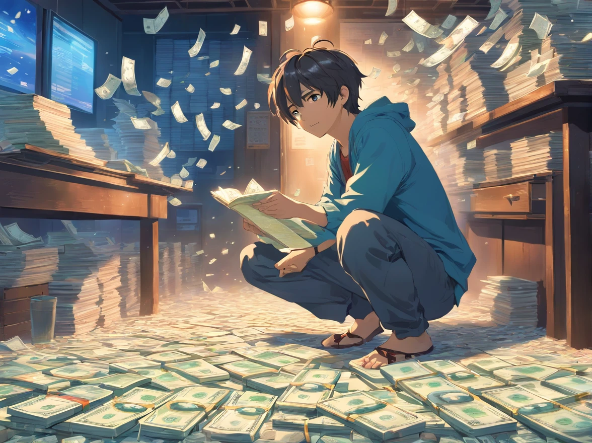 (japanes:1.2),Detailed drawing of the man behind in poor clothes, Surrounded by a flood of dollar bills, Centered on the book Formulas for Economic Freedom.