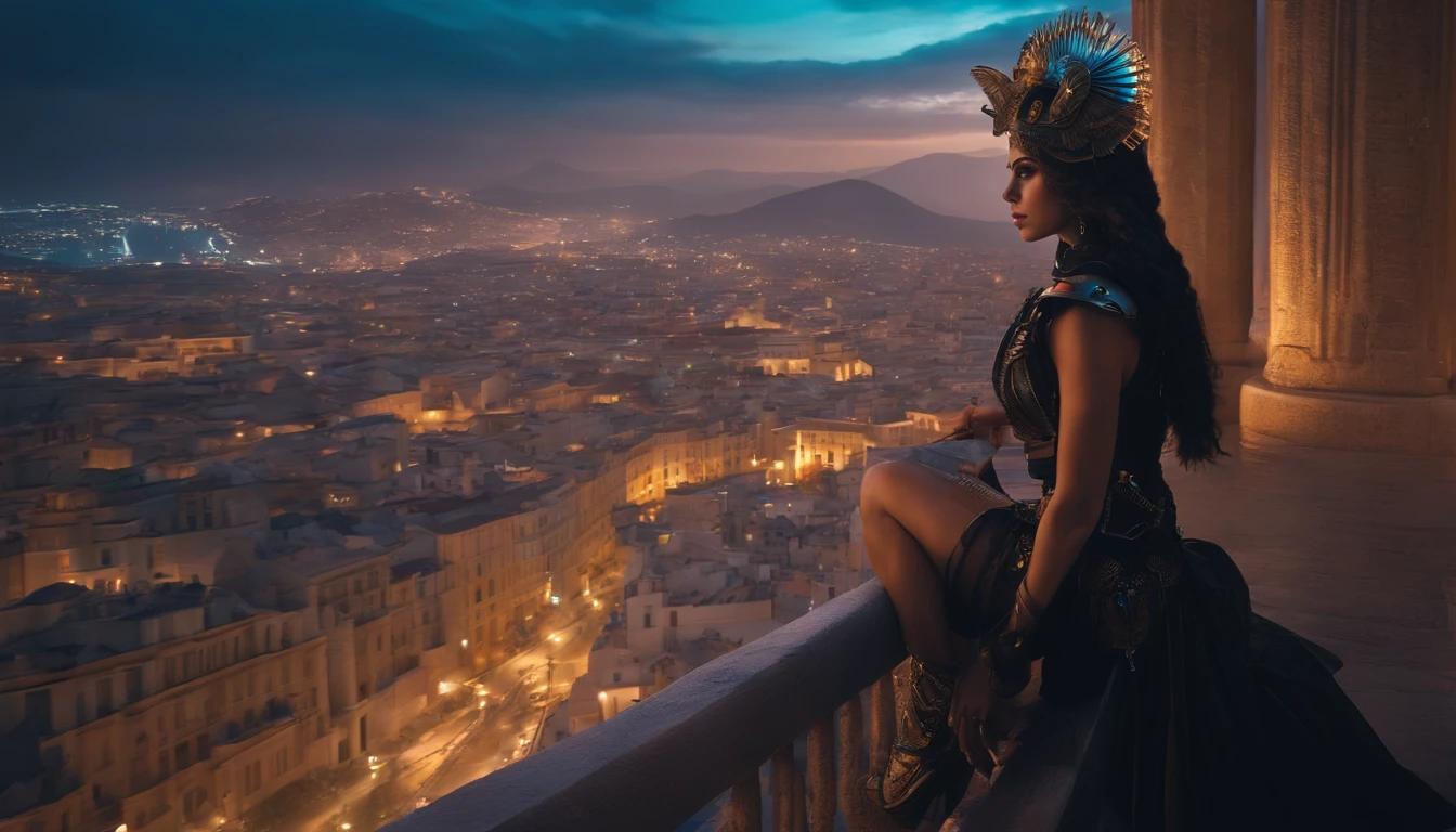 cyber punk perssonage，greek myth, mito, (Full body lens: 1.0), 1 female, full bodyesbian, (fly in sky: 1.0)，European city in the background, ultra-wide-angle, High-altitude overlooking, Perspective