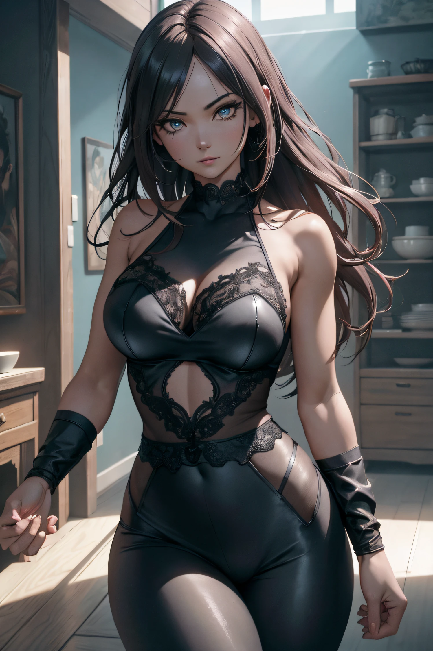 A woman wearing lingerie, sleeveless, long hair, dynamic pose, 3d, (8k), detailed texture,(hyperdetailed), (photo realistic), cinematic light, cinematic action, highly detailed, realistic, Isometric, full body, in frame, driven expression, dark theme, (extremely detailed eyes), detailed symmetric realistic face, extremely detailed natural texture, masterpiece, extremely detailed, amazing, fine detail, rich colors, hyper realistic lifelike texture, dramatic lighting, unreal engine, trending on art station, photo realistic, RAW photo, high quality, high res, sharp focus, extremely detailed, cinematic lighting, 8k, high definition, cinematic, neoprene, unreal engine 5, ultra sharp focus