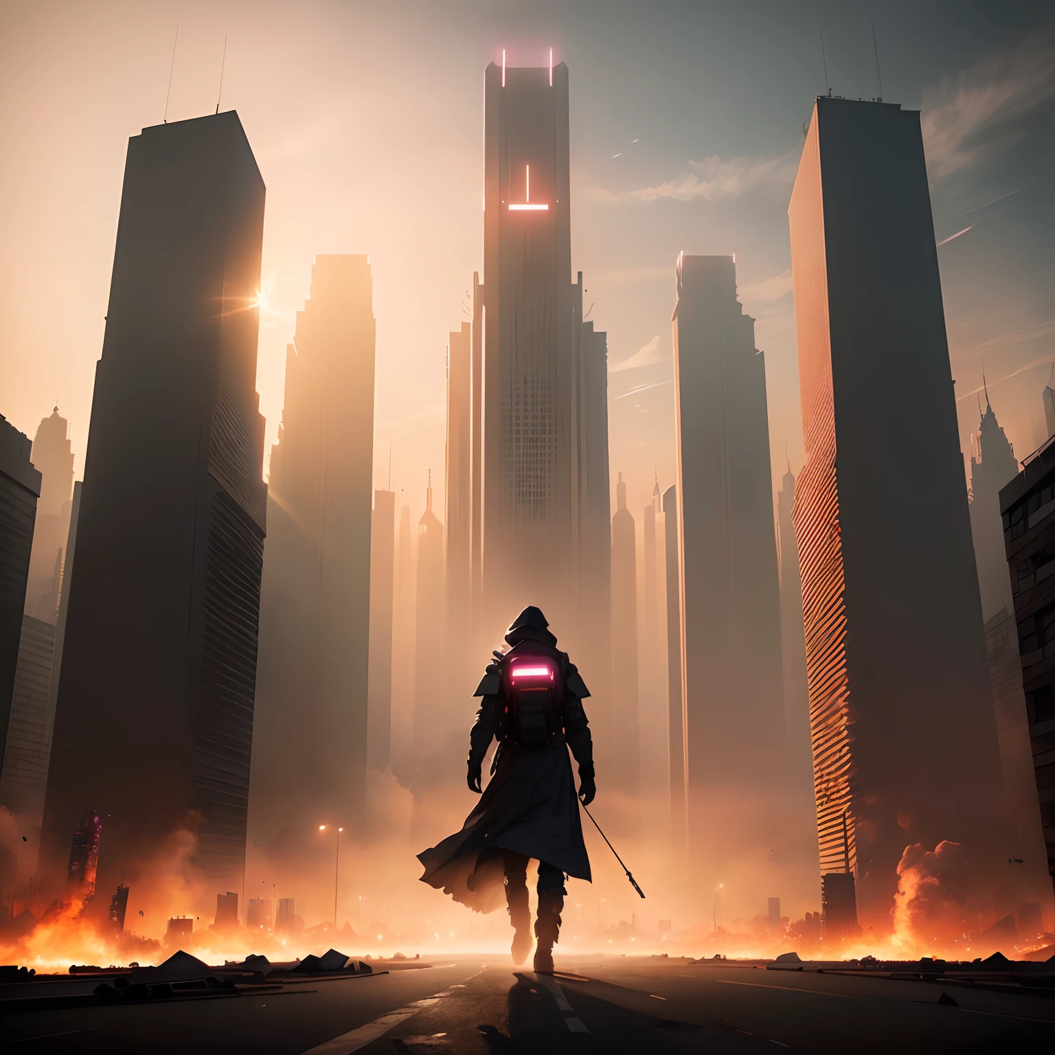 Imagen de Arafed de un hombre caminando en medio de una ciudad, Concept Art Wallpaper 4K, Arte conceptual 8K HD, digital concept art of dystopian, cinematic beeple, Arte conceptual 8K, Arte conceptual 8K, 8K HD Wallpaper Arte digital, Concept Art 8 K, Cyberpunk apocalyptic city, dystopian scifi apocalypse, cinematic matte illustration