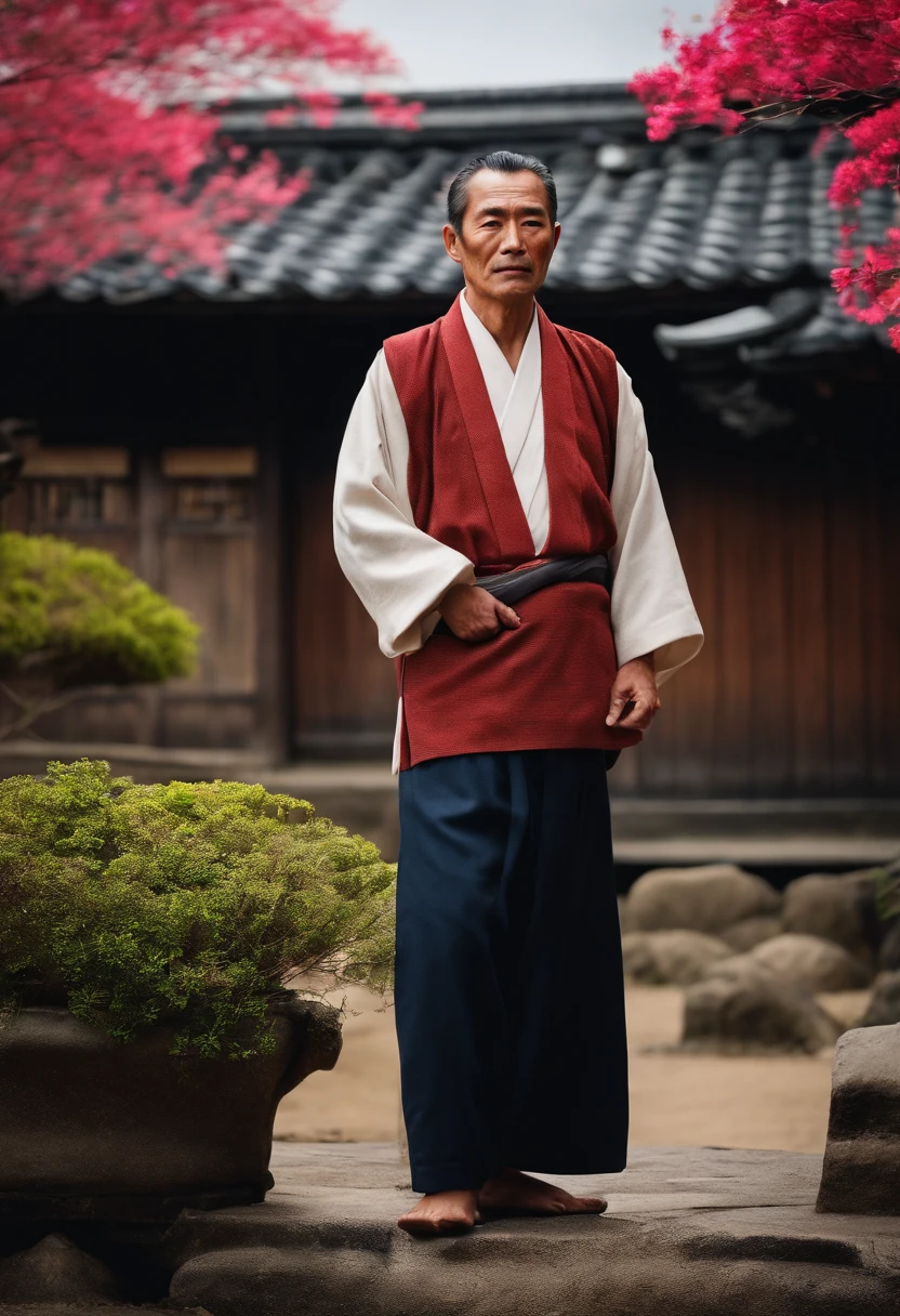 an Japanese man, 50 years old, a village background, looking straight