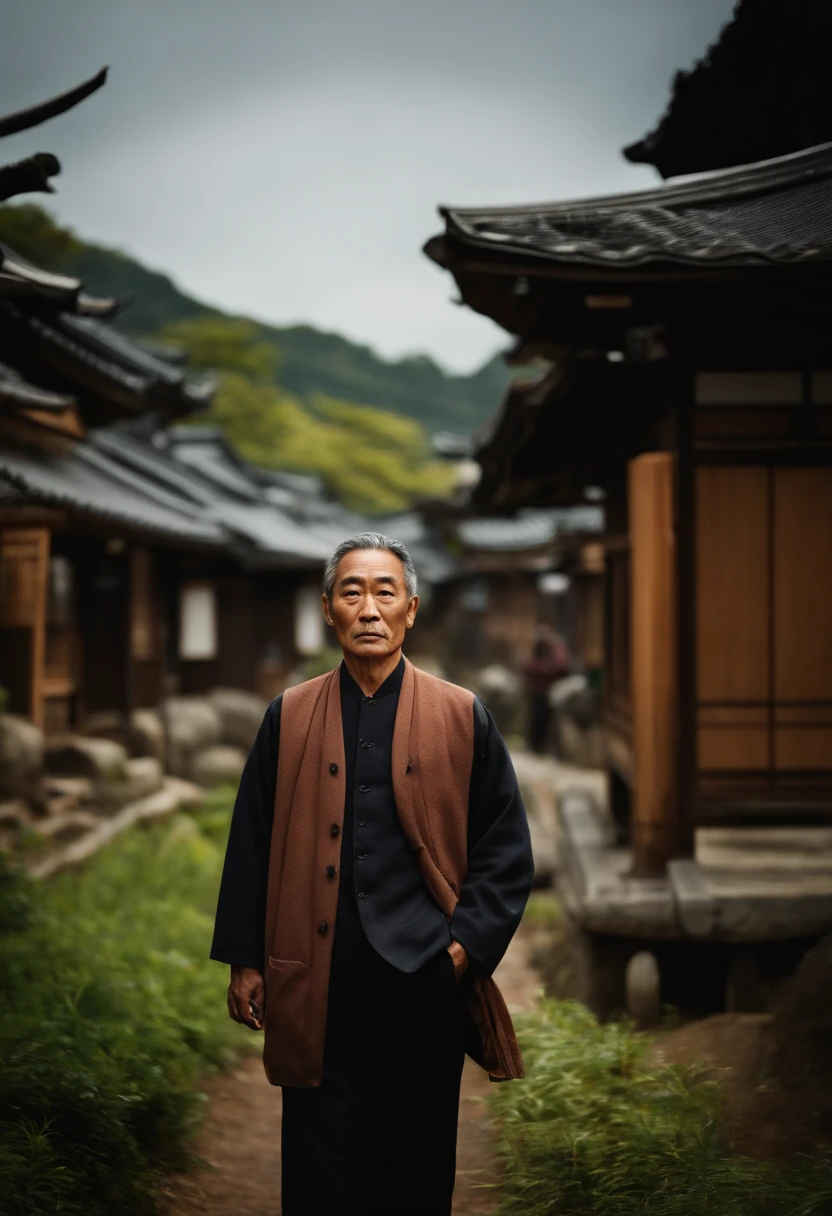 an Japanese man, 50 years old, a village background, looking straight