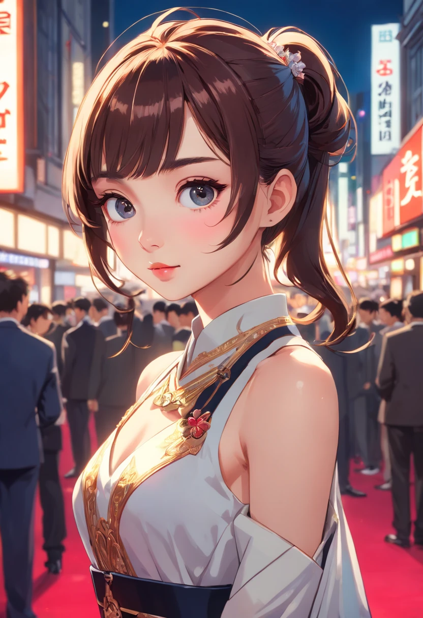 (1mecha girl:1.3, solo), (Audrey Hepburn:1.3), (a extremely pretty and beautiful Japanese woman), (sexy girl), (professional attire:1.3), (22 years old: 1.1), (walking on red carpet:1.3), (attractive random posing:1.3), (in the night royal party:1.3), (looking straight at you:1.3), (starring at you:1.3), (front view:1.3), (from side:1.3), break, (ponytail:1.3), (shiny-black thin hair:1.2), bangs, dark brown eyes, beautiful eyes, princess eyes, (big eyes:1.3), bangs, wearing a glasses:1.3, Hair between eyes, short hair:1.3, (slender:1.1), (small-medium-breasts:0.95), (thin waist: 1.15), (detailed beautiful girl: 1.4), Parted lips, Red lips, full-make-up face, (shiny skin), ((Perfect Female Body)), (upper body image:1.3), Perfect Anatomy, Perfect Proportions, (most beautiful Korean actress face:1.3, extremely cute and beautiful Japanese actress face:1.3), BREAK, (View viewer, wearing a lovely bitch cordinate, (insanely detailed cyborg bodysuit:1.3), (blue cyborg armor:1.3), (pin-heels:1.3), detailed clothes, BREAK, (detailed royal night party background:1.2), (dark background), (Studio soft lighting: 1.3), (fake lights: 1.3), (backlight: 1.3), BREAK, (Realistic, Photorealistic: 1.37), (Masterpiece, Best Quality: 1.2), (Ultra High Resolution: 1.2), (RAW Photo: 1.2), (Sharp Focus: 1.3), (Face Focus: 1.2), (Ultra Detailed CG Unified 8k Wallpaper: 1.2), (Beautiful Skin: 1.2), (pale Skin: 1.3), (Hyper Sharp Focus: 1.5), (Ultra Sharp Focus: 1.5), (Beautiful pretty face: 1.3), (super detailed background, detail background: 1.3), Ultra Realistic Photo, Hyper Sharp Image, Hyper Detail Image,