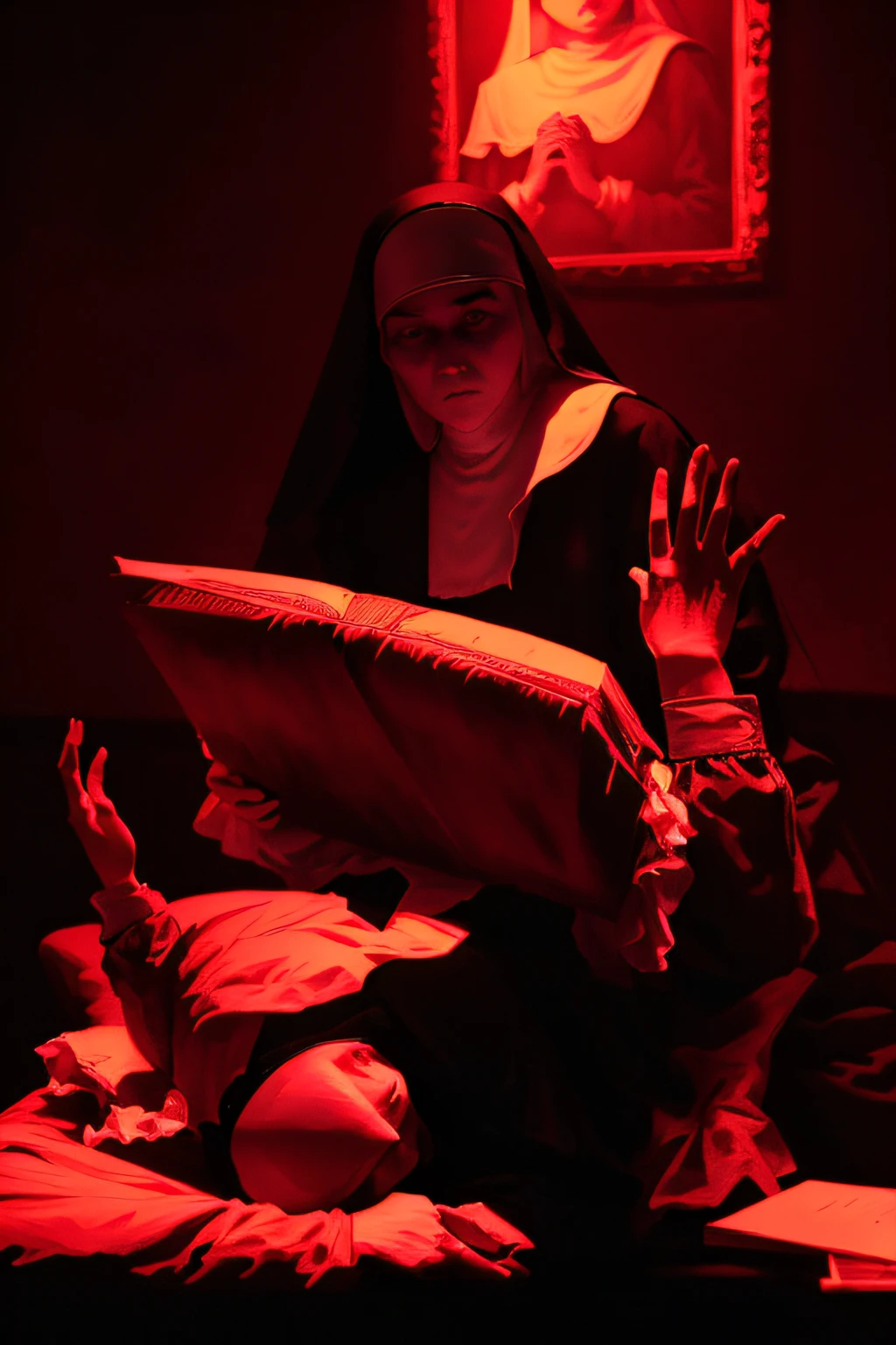 An example of a prompt for the given topic could be:
"A nun with detailed features, a murder mystery scene, dark and eerie atmosphere, realistic rendering, high-resolution image, dramatic lighting, intense emotions, black and white photography, sinister vibes, vintage style, subtle colors, chilling suspense."