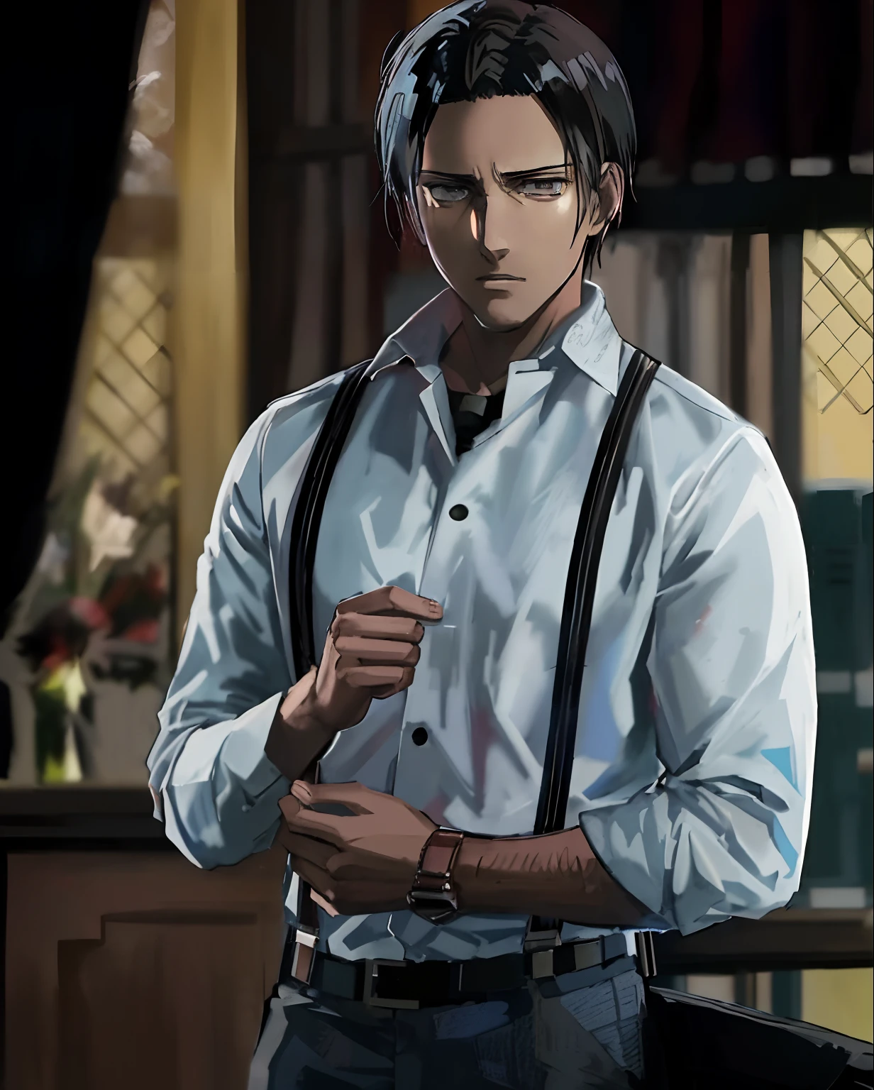 Close-up of a man in a jacket and tie, standing in front of the sky, from attack on titan, (attack on titans anime), snk, eren jaeger, Portrait of Eren Yeager, eren jaeger, Hajime Isayama Style, in attack on titan, Shingeki no Kyojin, official arts, levi ackerman