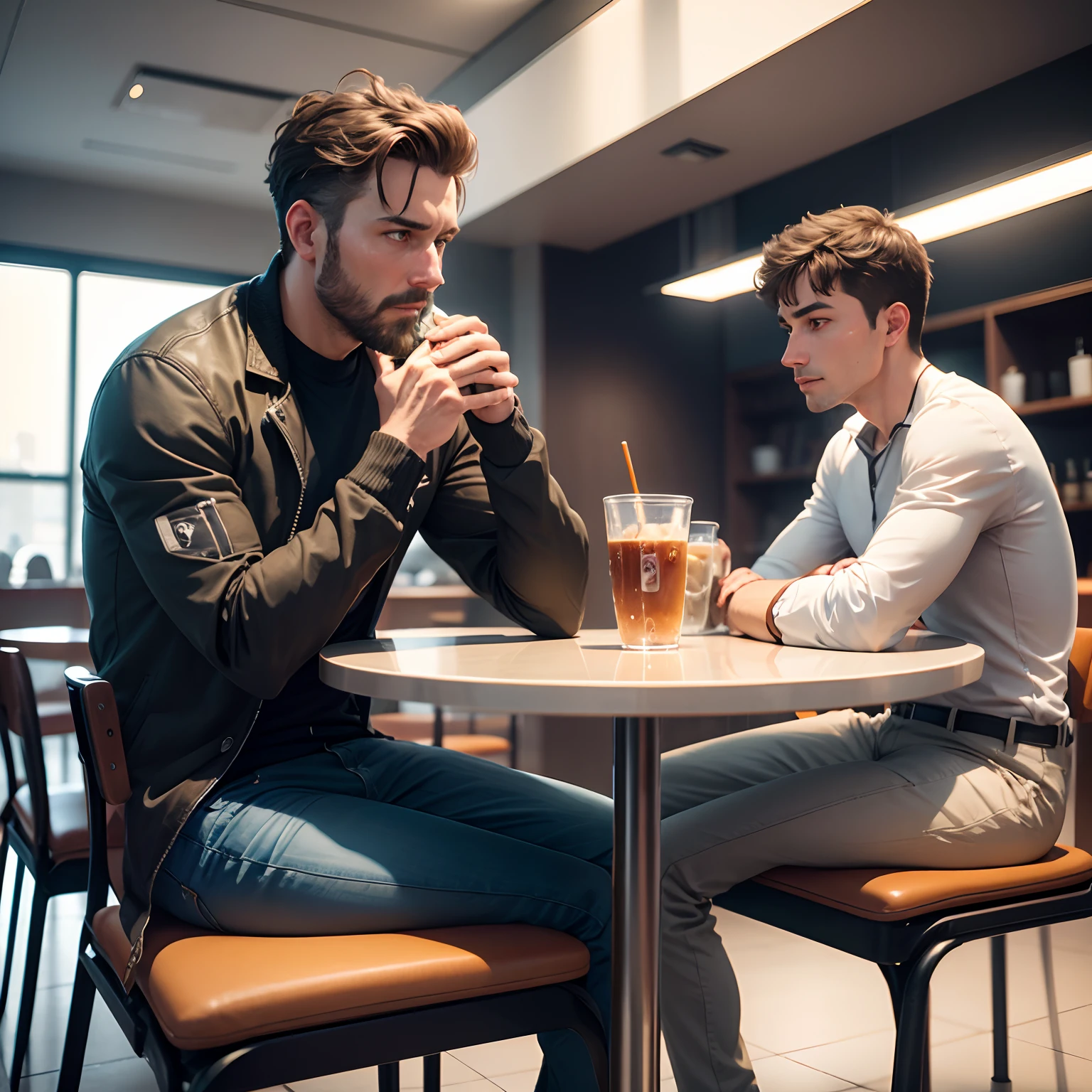 Man sitting in a cafeteria chatting with an artificial intelligence robot, hiperrealismo full HD 4k.