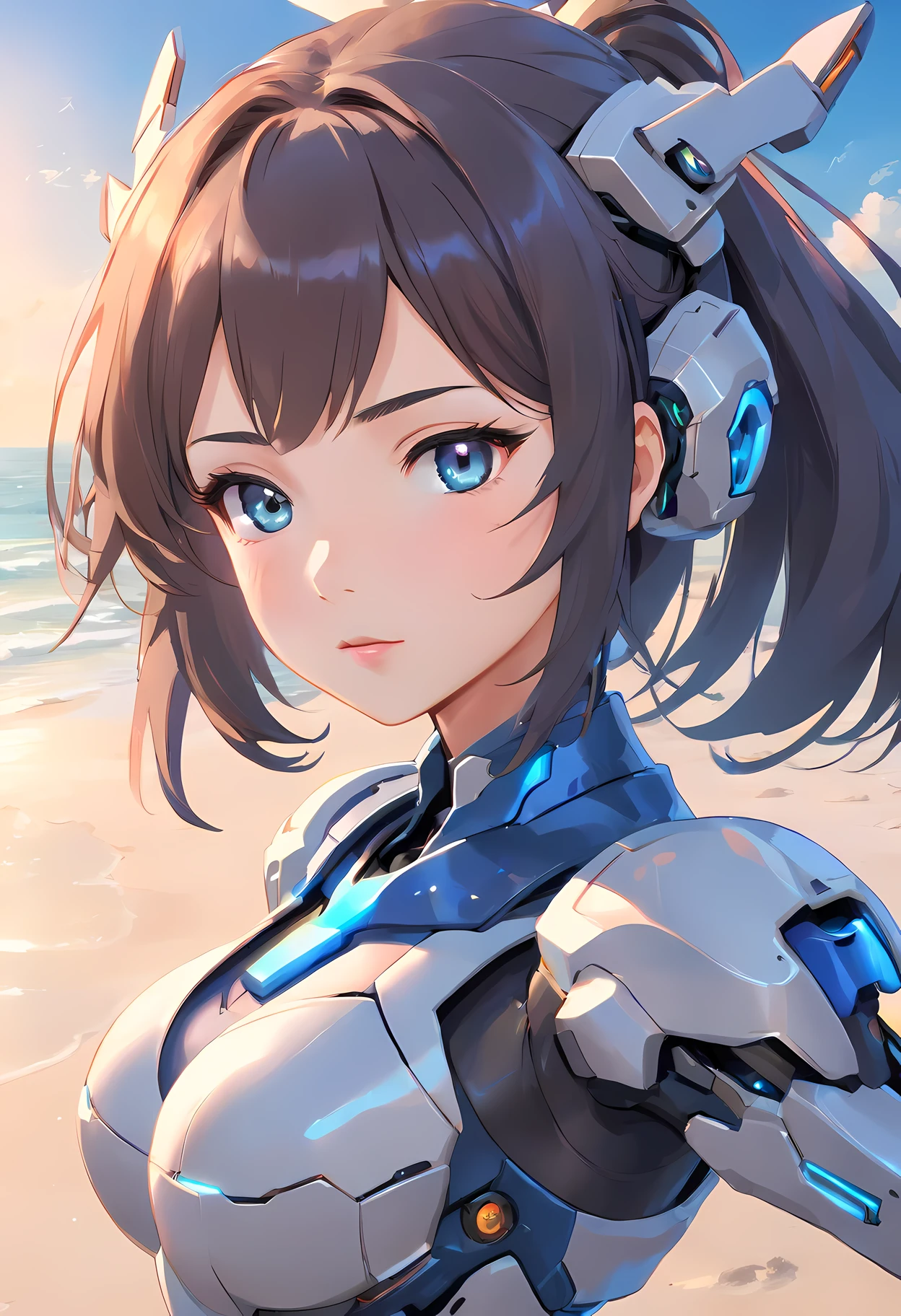(((1mecha girl:1.3, solo))), (a bust shot of extremely pretty and beautiful milf:1.3), (22 years old: 1.1), (close bust image:1.5)), (sexy model standing pose:1.3), (arms up on head:1.3), view viewer, (Da Nang, Vietnam), (Da Nang Resort Beach:1.3), (front view:1.3), (looking straight at the viewer:1.3), close-up-photographed in a Canon EOS R5, 200mm Lens, F/2.8, break, (up-ponytail:1.3), (shiny-black thin hair:1.2), bangs, dark brown eyes, beautiful eyes, princess eyes, bangs, Hair between eyes, short hair:1.3, slender, (gigantic breasts:1.3, sagging breasts:1.3, disproportionate breasts;1.3), (thin waist: 1.3), (detailed beautiful girl: 1.4), Parted lips, Red lips, full-make-up face, (shiny skin), ((Perfect Female Body)), Perfect ???????, Perfect Proportions, (most beautiful Asian actress face:1.3, extremely cute and beautiful Korean idol face:1.3), (seductive emotion:1.3), (;p:1.3), BREAK, (wearing a black cyborg full-bodysuit:1.3), detailed clothes, BREAK, white sand beach, private beach, blue ocean, blue sky, cloud, BREAK, (Realistic, Photorealistic: 1.37), (Masterpiece, Best Quality: 1.2), (Ultra High Resolution: 1.2), (RAW Photo: 1.2), (Sharp Focus: 1.3), (Face Focus: 1.2), (Ultra Detailed CG Unified 8k Wallpaper: 1.2), (Beautiful Skin: 1.2), (pale Skin:1.3), (Hyper Sharp Focus: 1.5), (Ultra Sharp Focus: 1.5), (Beautiful pretty face: 1.3), (super detailed background, detail background: 1.3), Ultra Realistic Photo, Hyper Sharp Image, Hyper Detail Image,