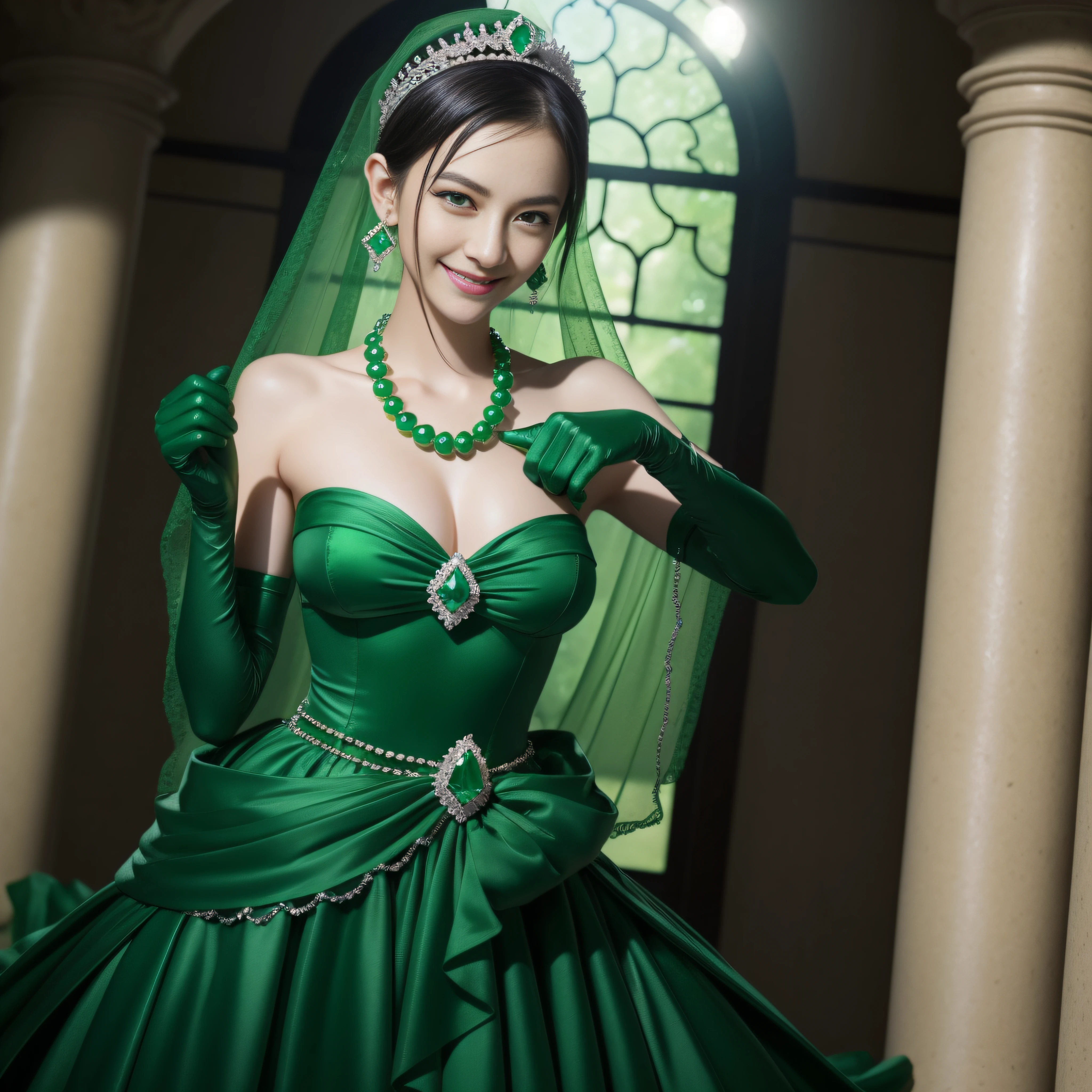 emerald tiara, Green Pearl Necklace, Boyish very short black hair, lipsticks, Japan woman smiling, very short short hair, big breasts beautiful, Green eyes, Long green gloves made of satin material, Green eyes, Emerald Earrings