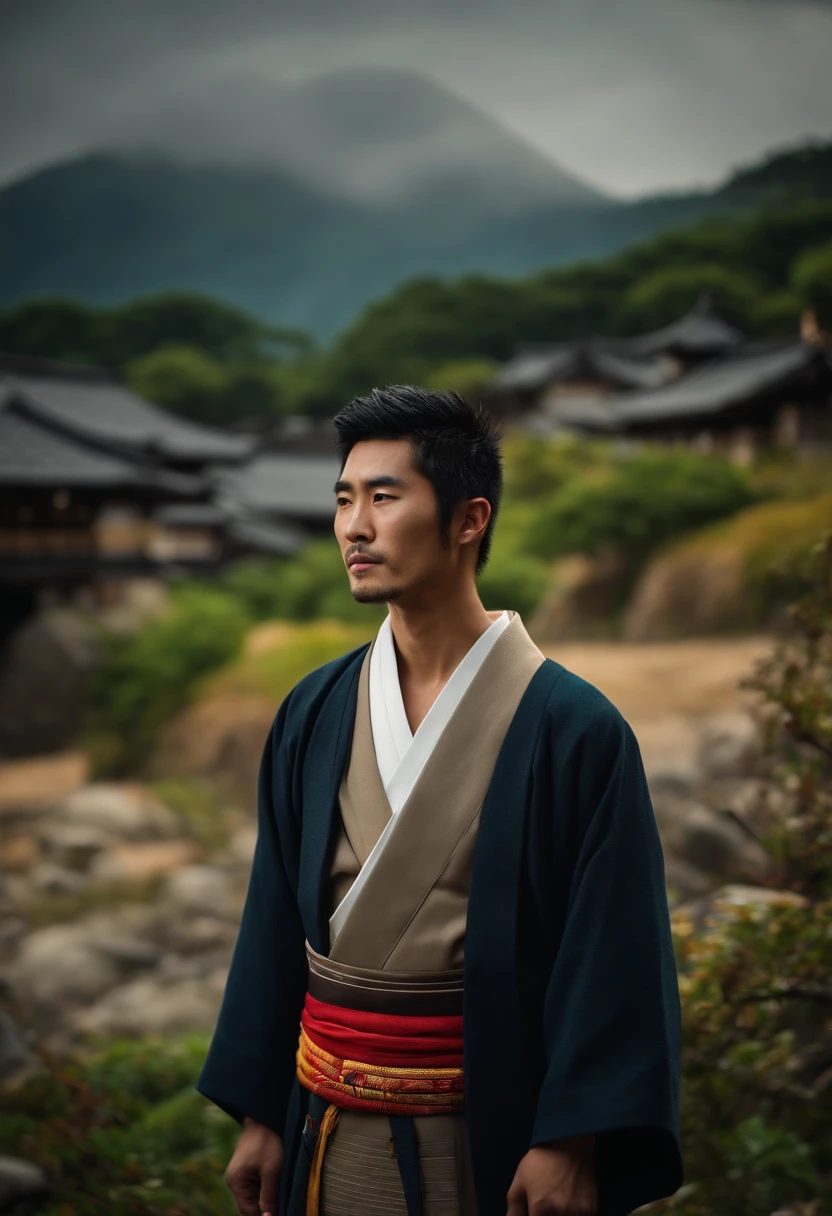 an Japanese man, 30 years old, a village background, looking straight