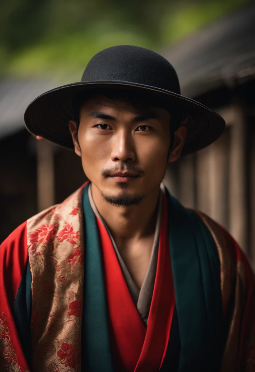 an Japanese man, 30 years old, a village background, looking straight