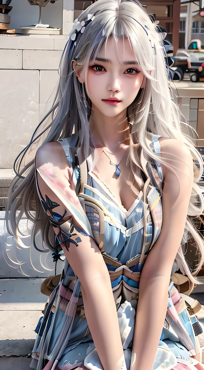 Photorealistic, high resolution, Soft light,1womanl, Solo, Hips up, view the viewer, (Detailed face), Long hair, Silver hair, Bright eyes, Kunfu Hanfu, Cloak, tattoo, jewelry