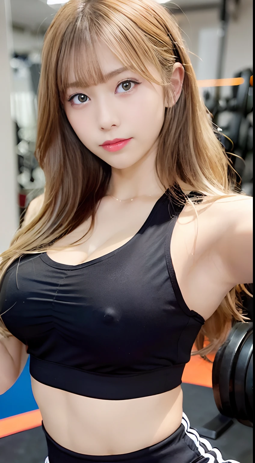 1girl in ,((appearance々Gym wear in different colors)),Colossal tits, wide open cleavage,(( Character Play)),((training gym)) ,  (Blonde shortcuts),((looking to camera)), High resolution,Highly detailed, looking to camera,appearance々Posing,Punching