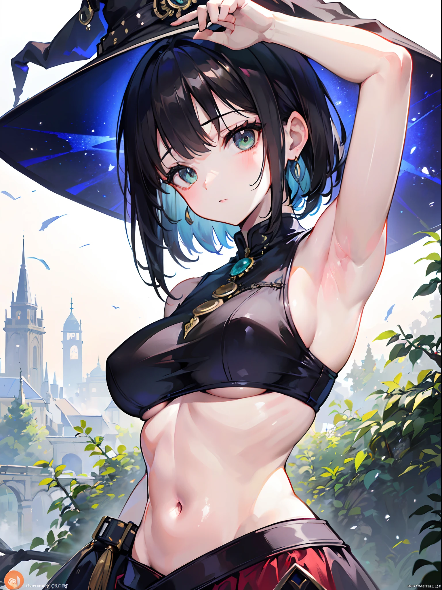 (8k, best quality, tmasterpiece:1.2),\(eye detailed\),\(Facial features\),(\(Clothes detail details\)\),(huge tit),full bodyesbian,(Facial focus) ,Very detailed CG unity 8K wallpaper,hugefilesize,ultra - detailed,A high resolution,absurderes,beautidful eyes,Ray traching,dramatic shadow,finely detailled,Dramatic angles,Hyper-detailing,(1 girl:1.3),(Solo),Mature female,short detailed hair,(/Sister head:1.3/),brunette color hair,Green eye,(shaman:1.2),hijabi sluty,(Unorthodox armpit witch costume:1.3)+(crop tops:1.3),Break!。in the darkness nigth, Humid Black Forest,(The roots of the tree are staggered,There are quite a few mushrooms growing:1.3),(Purple mud floor,Mycelium is everywhere:1.3),(The canopy shades the sun,Only a small amount of light shines on the earth piecemeal through the gaps between the leaves:1.3)。The atmosphere should feel oppressive,There is an image of not being angry and self-threatening,Excellent enemy characters,master piece,8K wallpaper,Go to remove the watermark
