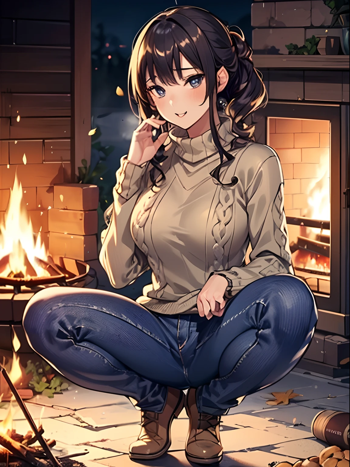 1 girl, (solo), ((sfw:1.25)), (matured woman), milf, ((beautiful detailed eyes:1.2, fine detailed face)), (dark mahogany medium short hair, updo, wavy hair), (wearing turtle neck sweater), ((detailed cable-knit sweater:1.2)), (navy blue skinny denim), with roasting skewered sweet potatoes over a bonfire, (squatting near bonfire with putting stick into the fire:1.25), looking at fire, (outdoor:1.2), in a garden, fallen leaves, (ultra high resolution, 8K RAW photo, super realistics, high detailed, masterpiece, clear focus), ((correct anatomy:1.2)), ((from center of front)),