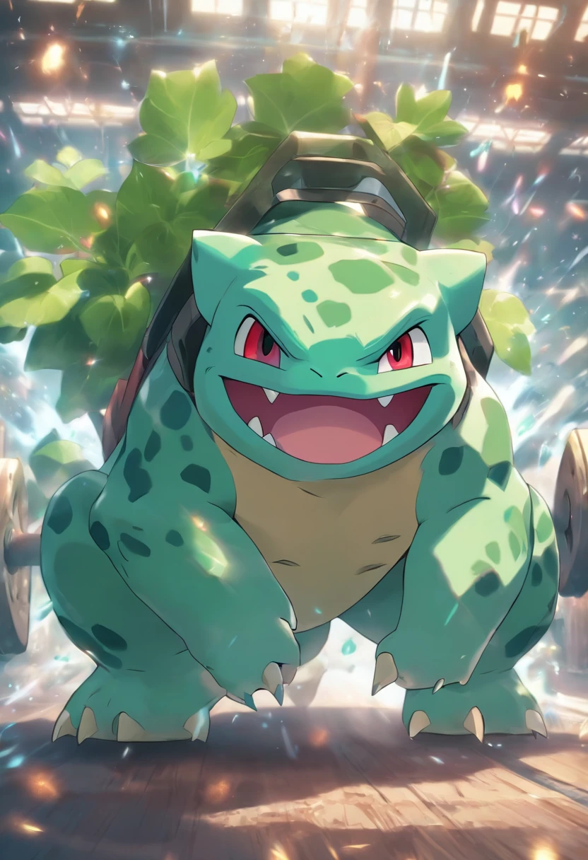 Bulbasaur is training in bench presses,Highest image quality,Cinematic texture,A masterpiece,tmasterpiece,