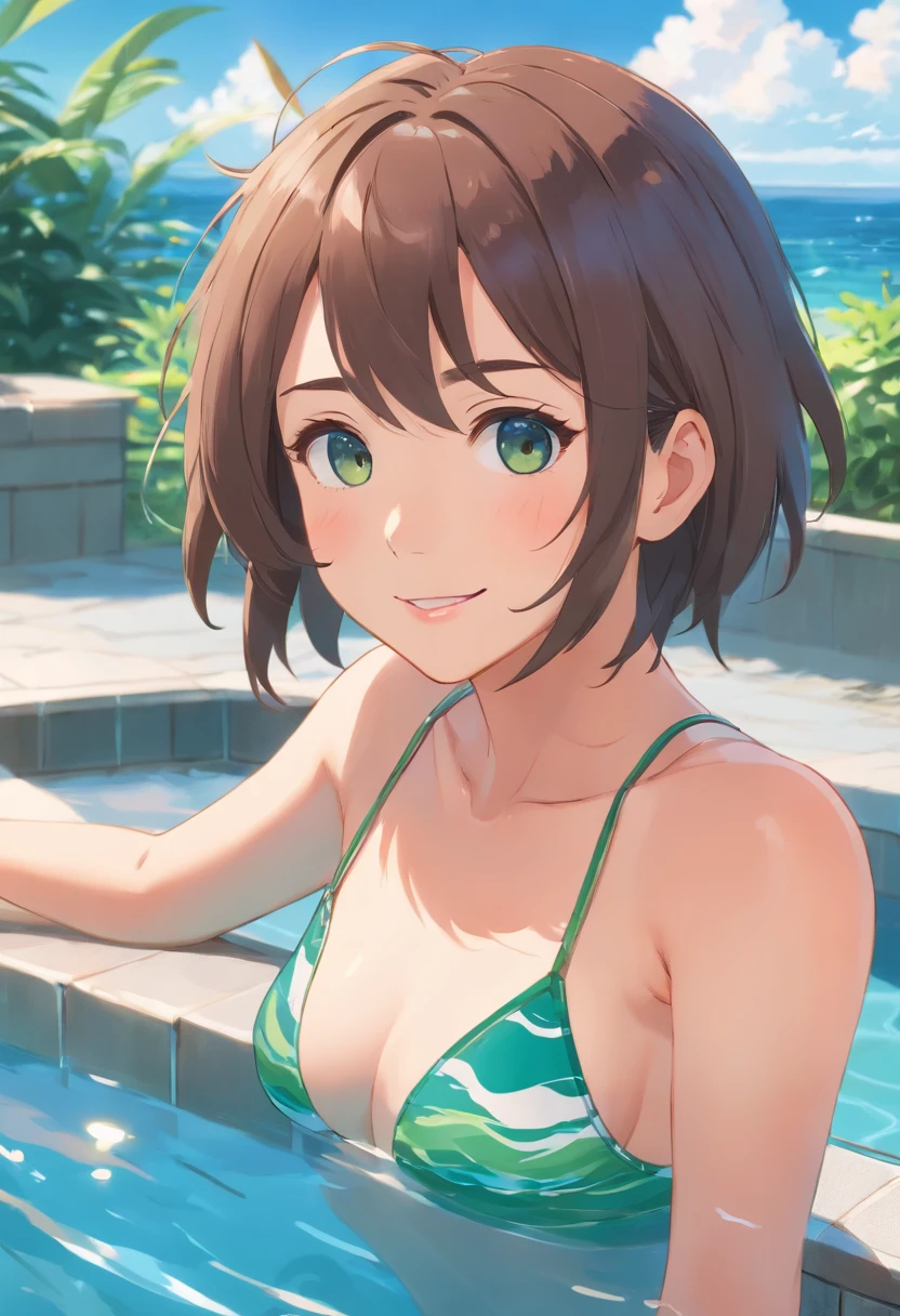 (best quality,highres,ultra-detailed),1 girl, beautiful detailed eyes, beautiful detailed lips, smile, sexy, swimmer [swimming suit], swimming pool