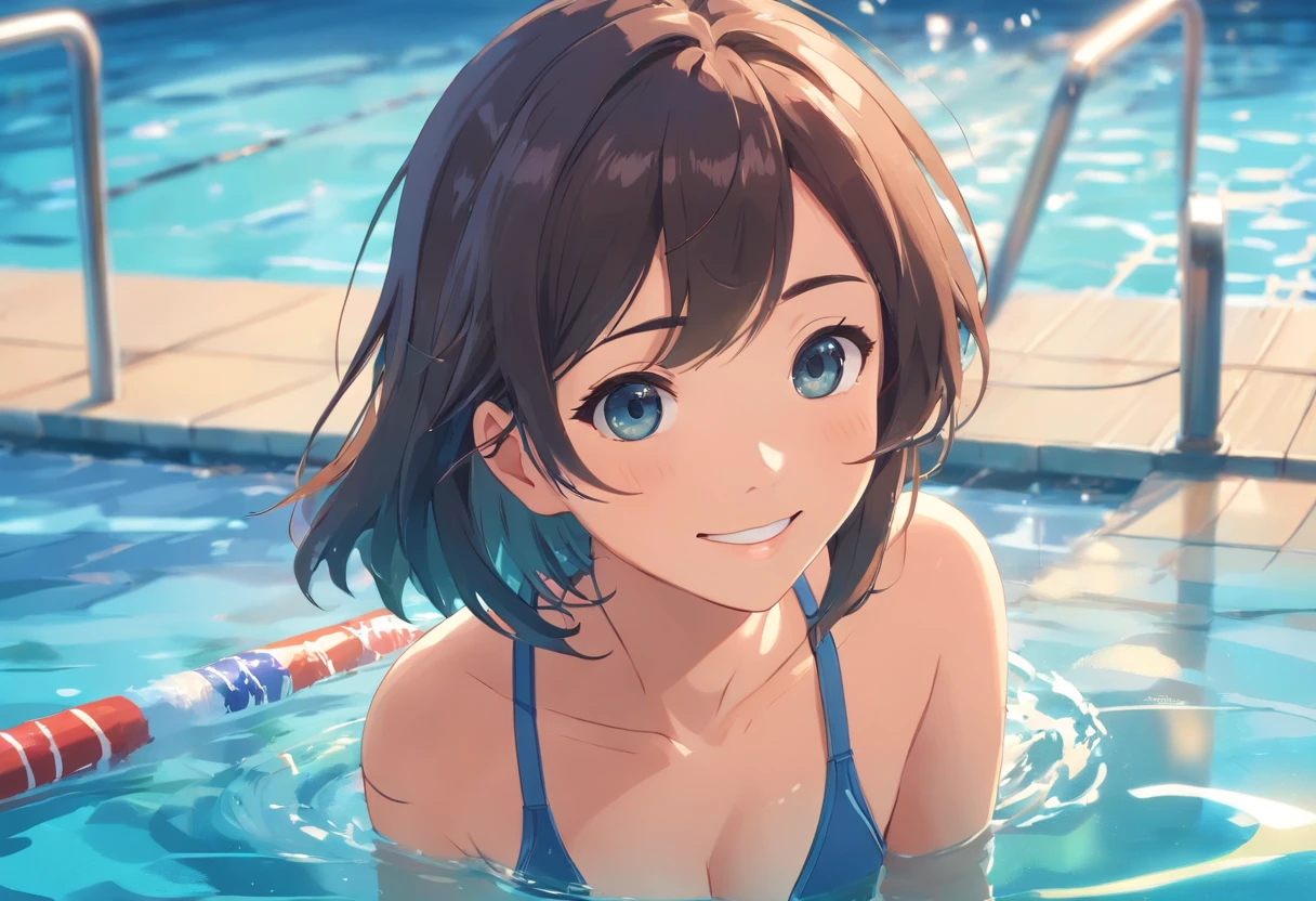 (best quality,highres,ultra-detailed),1 girl, beautiful detailed eyes, beautiful detailed lips, smile, sexy, swimmer [swimming suit], swimming pool