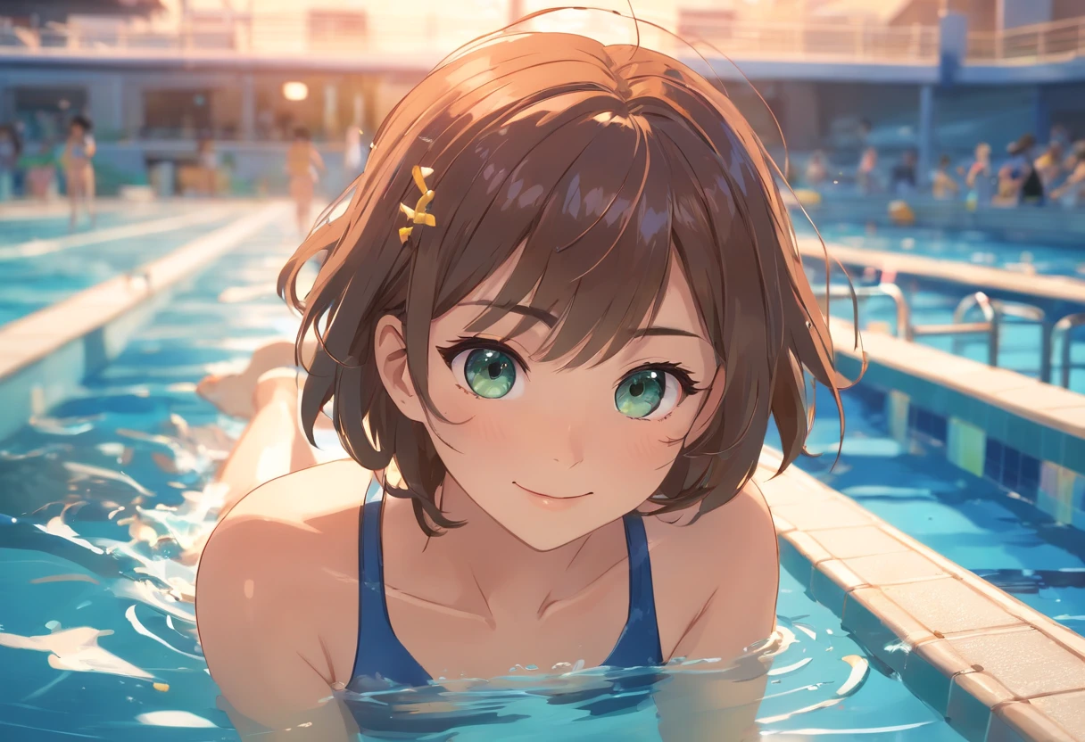 (best quality,highres,ultra-detailed),1 girl, beautiful detailed eyes, beautiful detailed lips, smile, sexy, swimmer [swimming suit], swimming pool