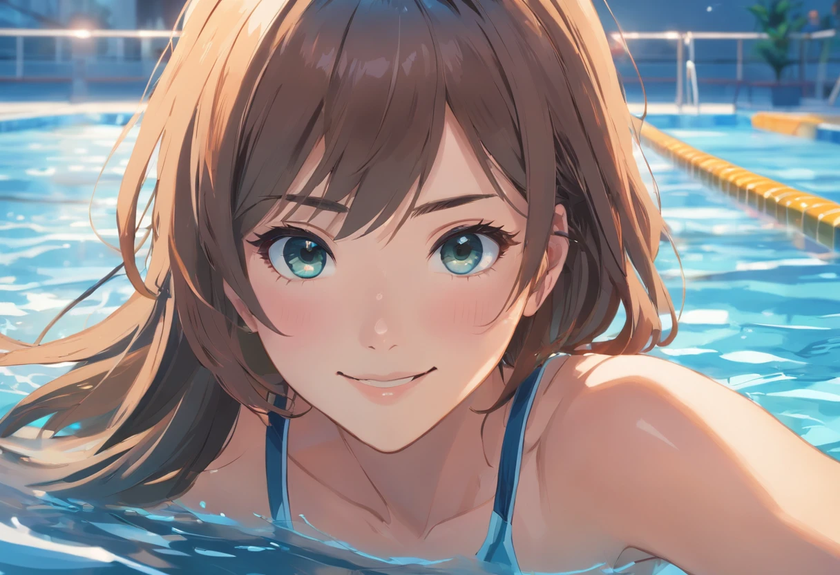 realistically、17-year-old girl、Big breasts, cleavage, Wearing off-white competition swimsuit、Smile、Boolean bottom swimming、Sexy pose